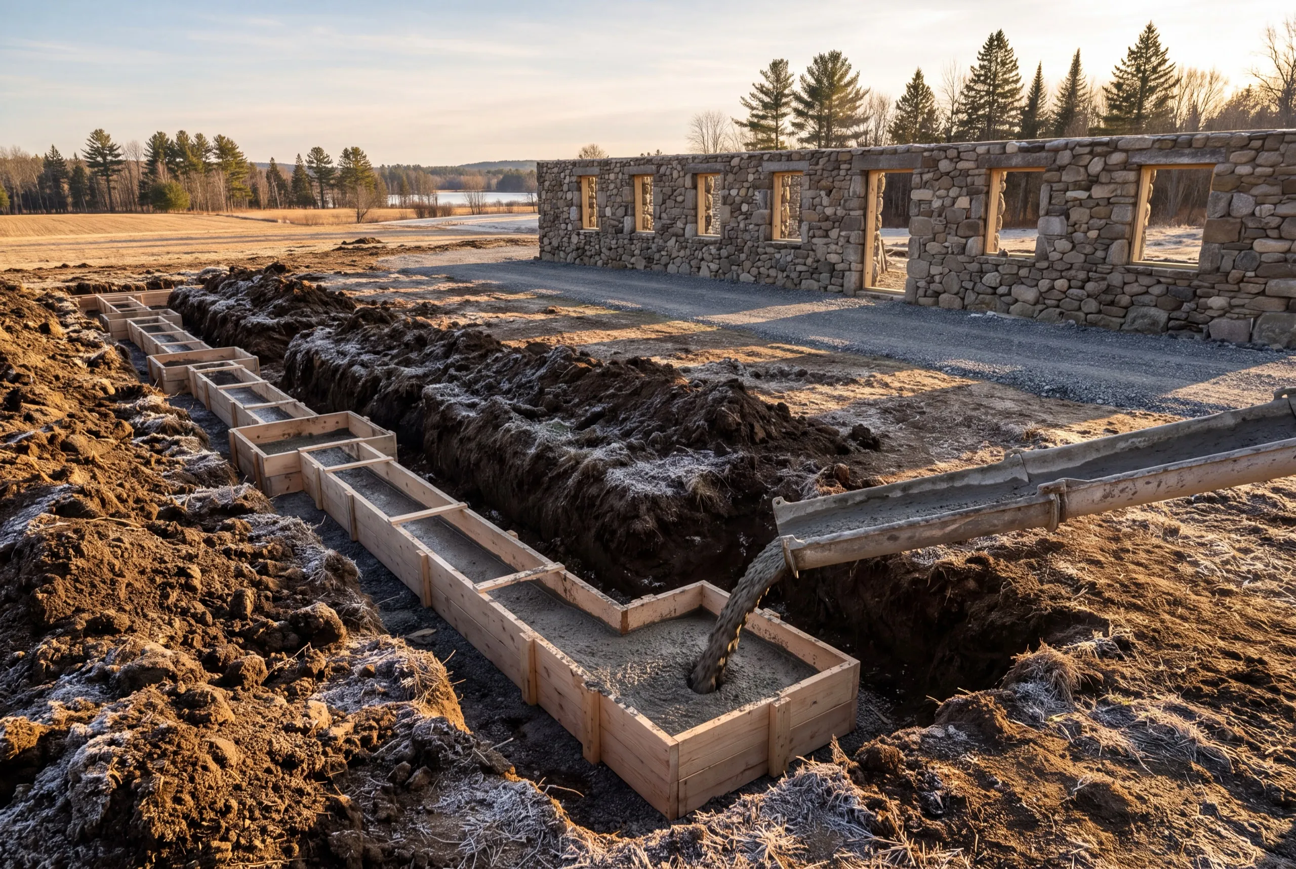 Concrete chute pouring into footing forms beside a trench on frosty ground in Sidney, Maine