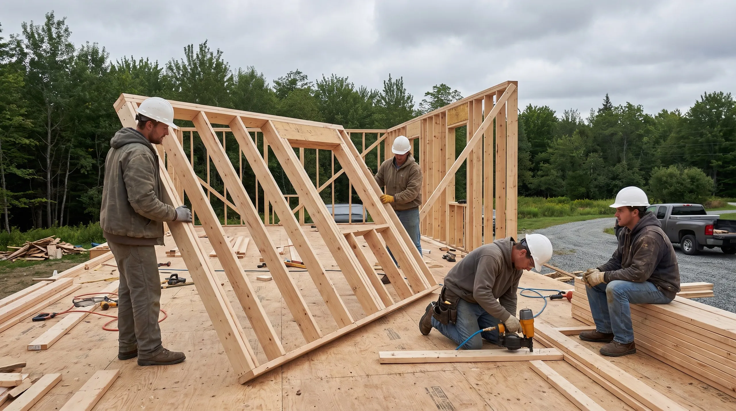 Residential home builder Sidney Maine: framing crew raising a stud wall with a window opening on a plywood deck