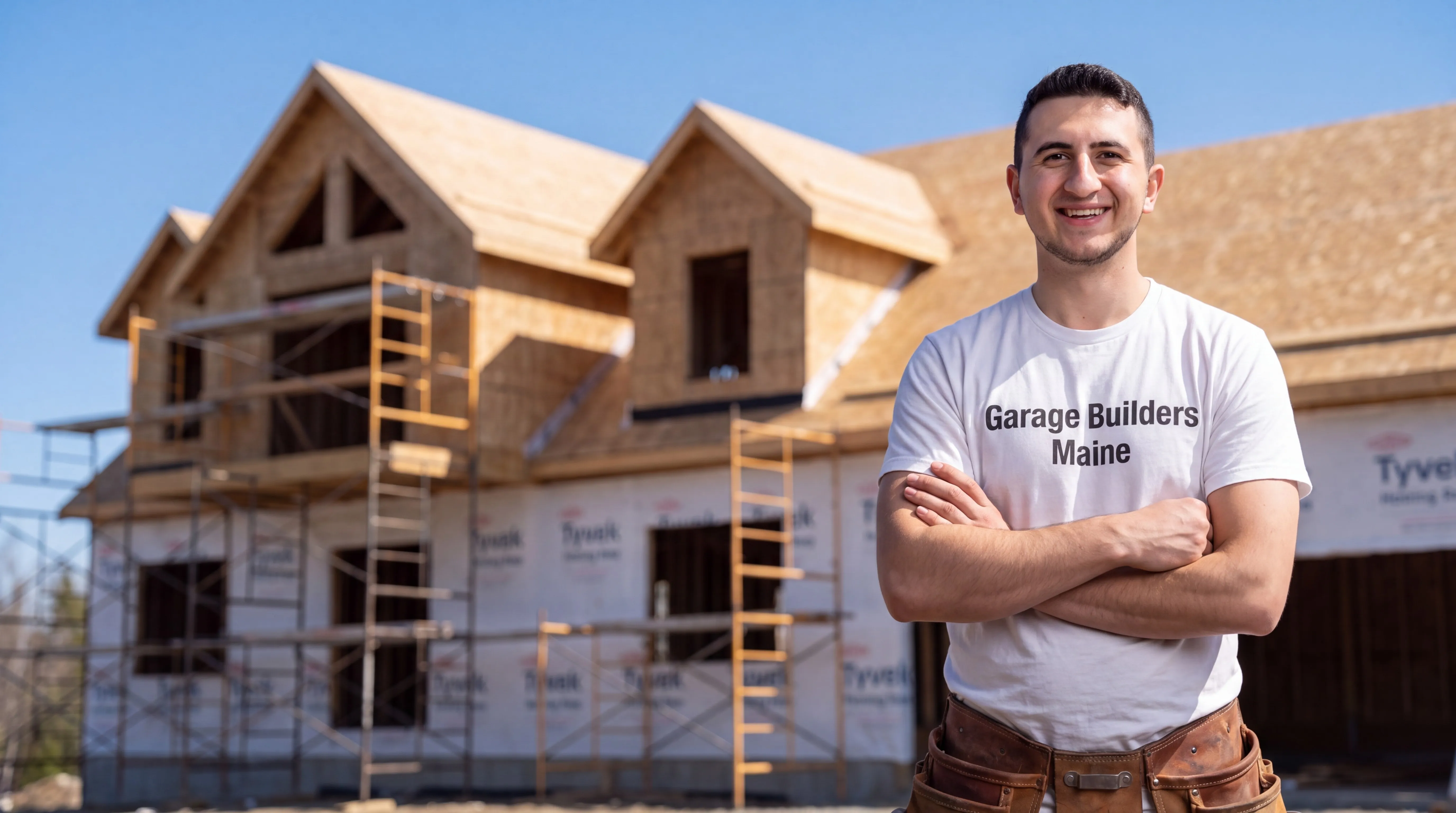 Owner of Garage Builders Maine standing with his arms crossed and smiling at a Maine job site