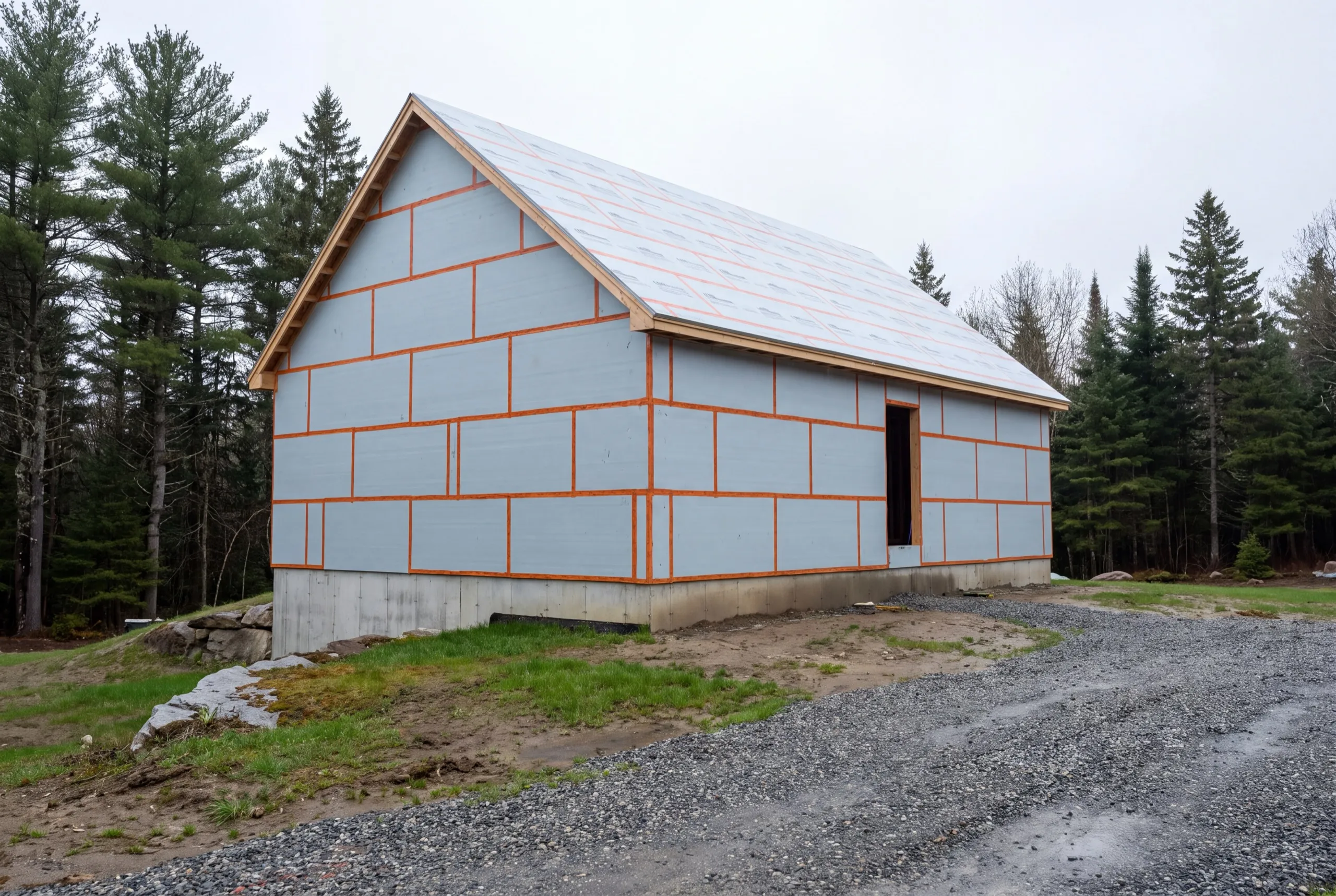 Residential home builder Central Maine: building shell in gray rigid foam with orange taped seams on a concrete foundation