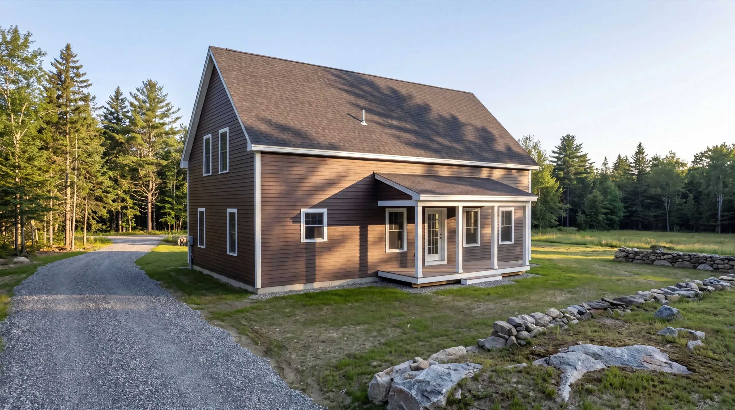 Custom home builder in Vassalboro, ME: finished brown-sided two-story house with a front porch by the woods