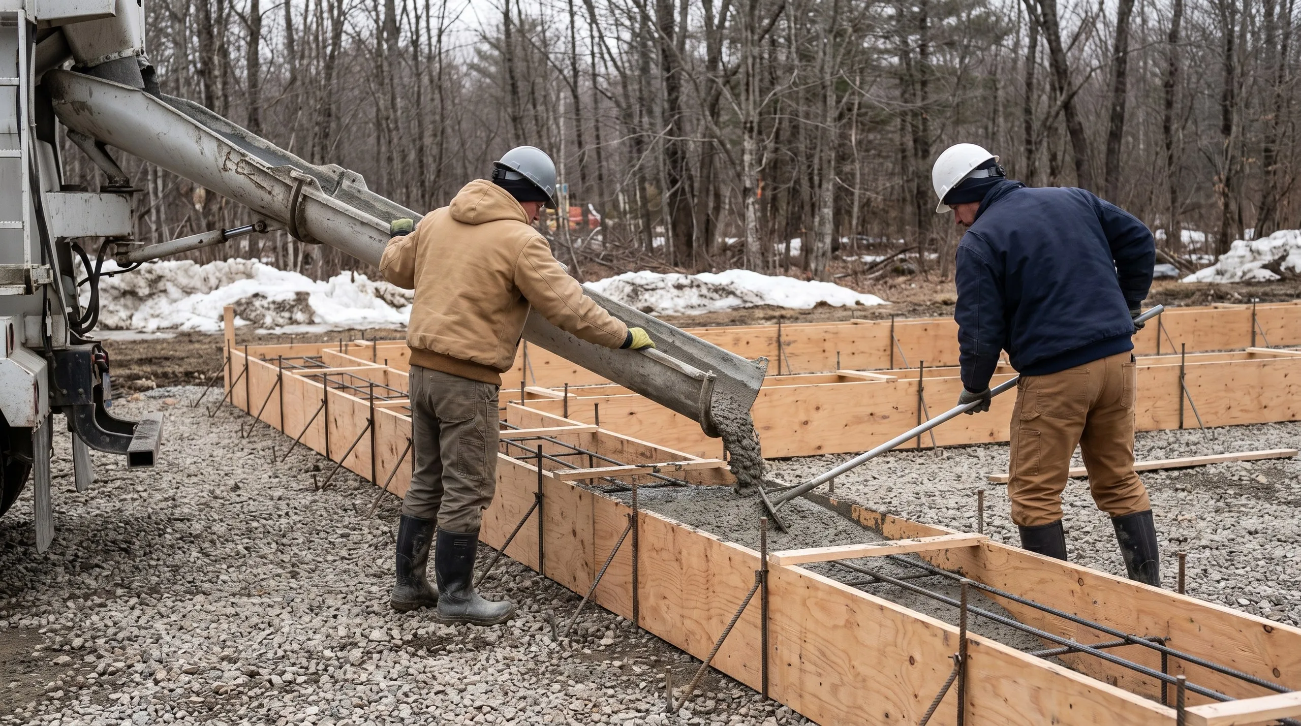New home builder West Gardiner Maine: two workers guiding a mixer chute and spreading concrete in a footing form with rebar