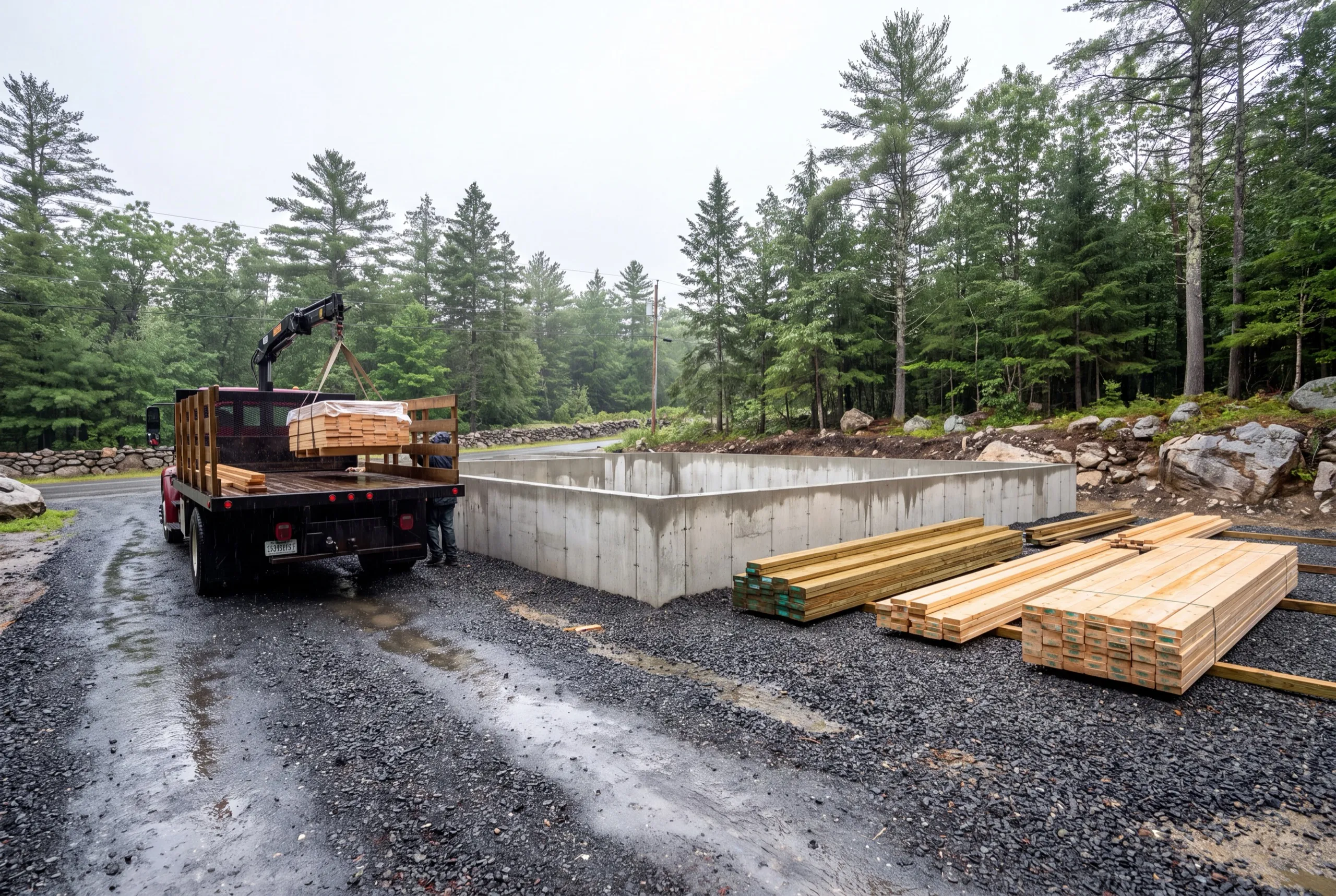 Boom truck unloading lumber beside a poured foundation, stacks on gravel in West Gardiner, Maine