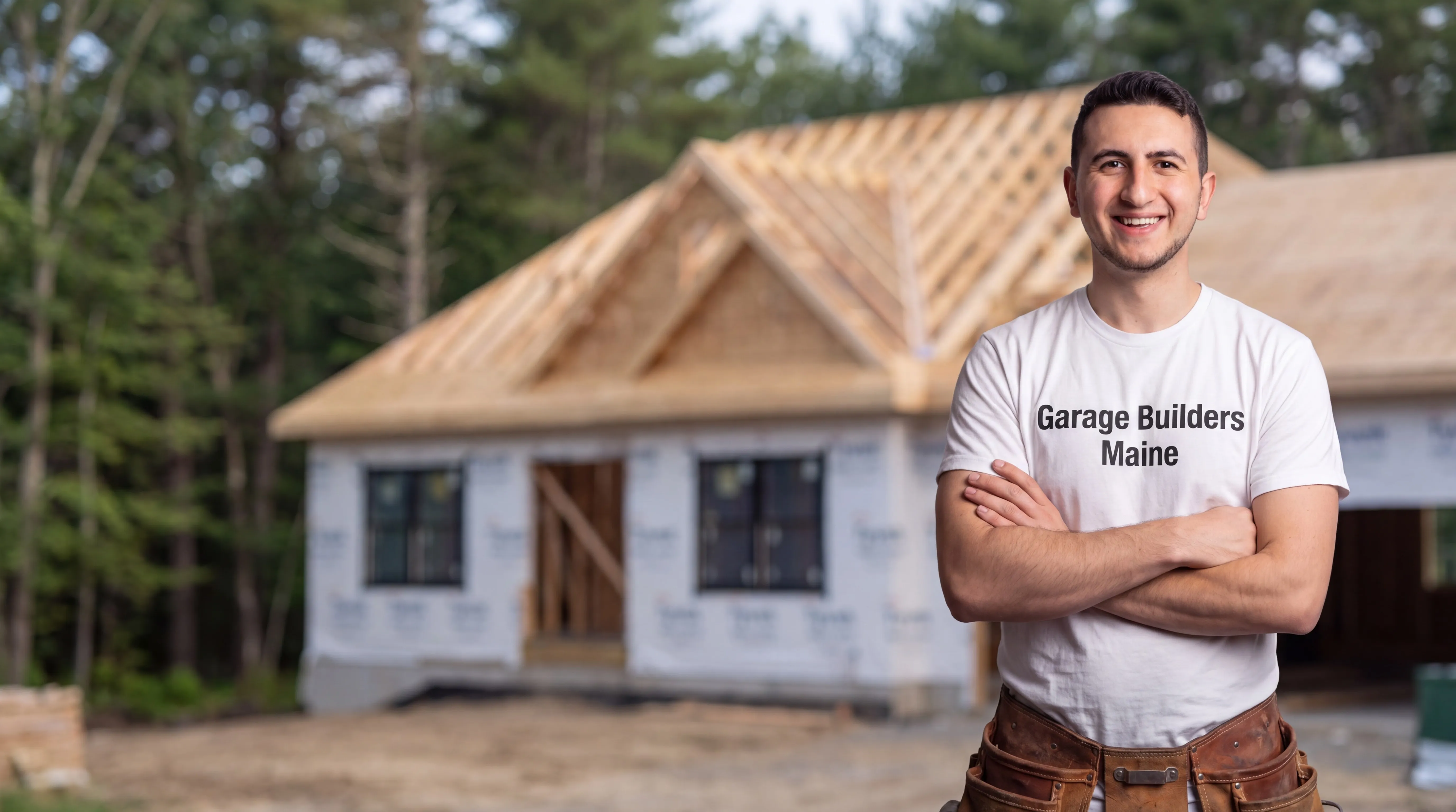 Owner of Garage Builders Maine standing with his arms crossed and smiling at a Maine job site