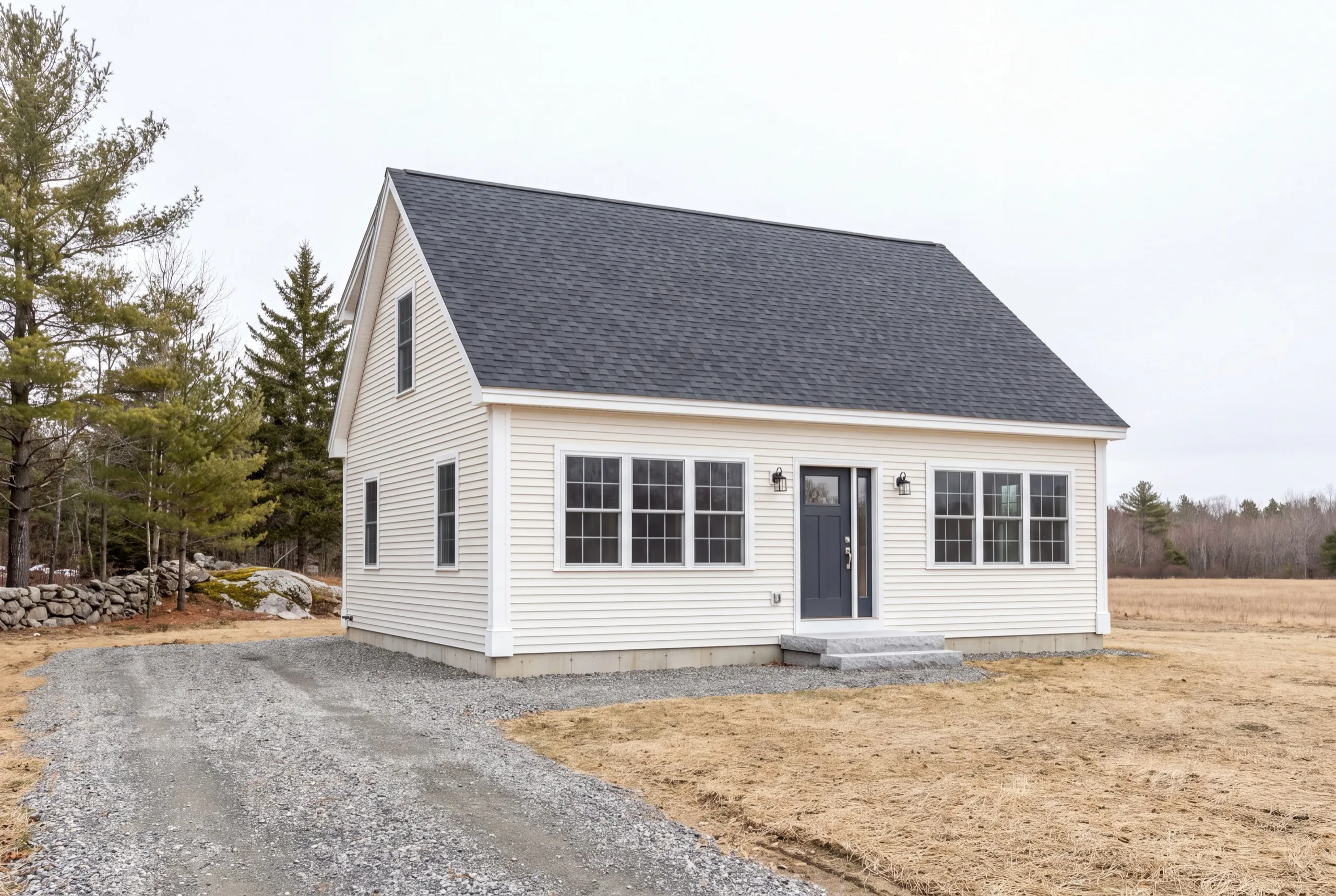 New home builder West Gardiner Maine: new white cape with two banks of three windows facing an open field