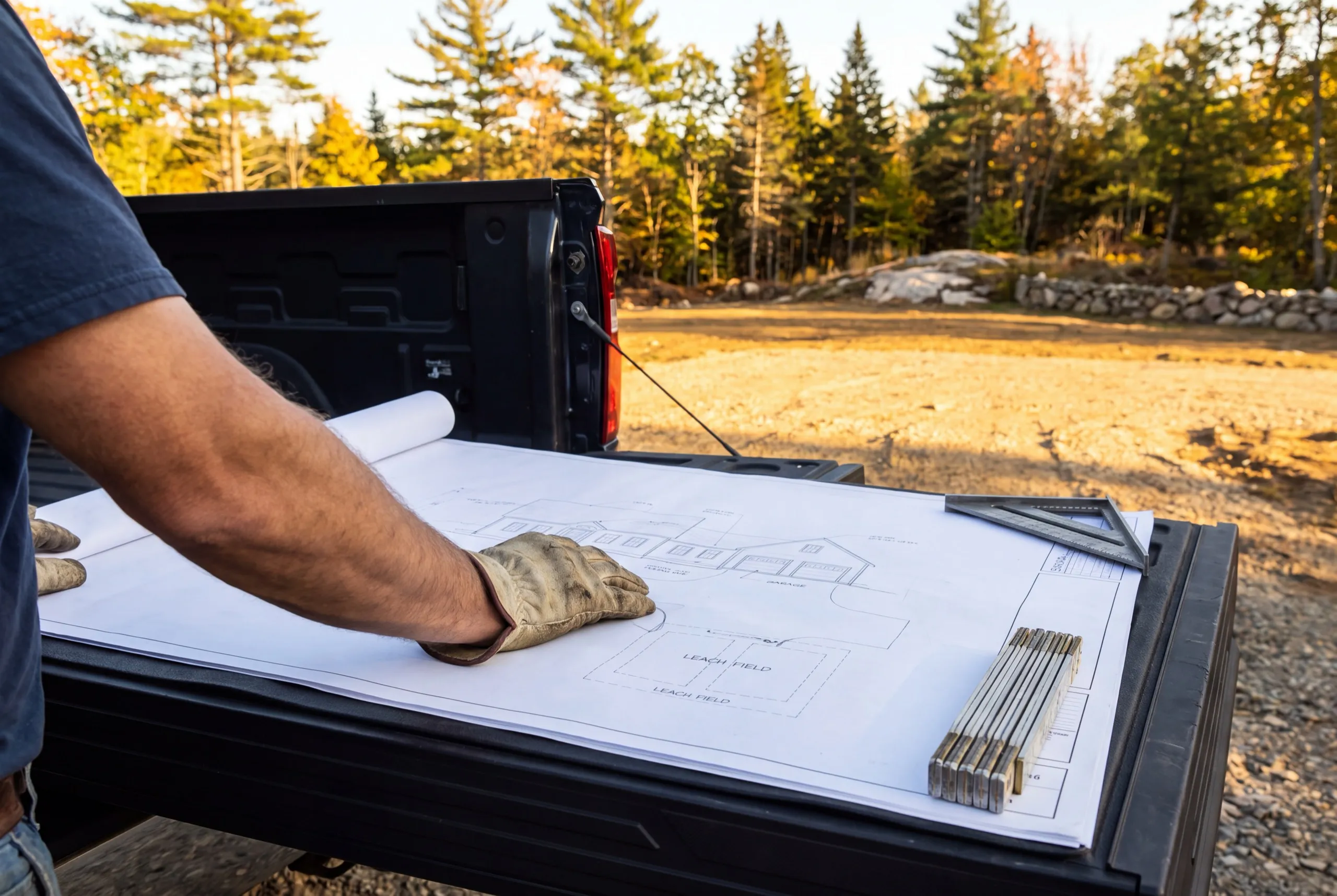Gloved hand on a site plan showing house, garage and leach field in West Gardiner, Maine