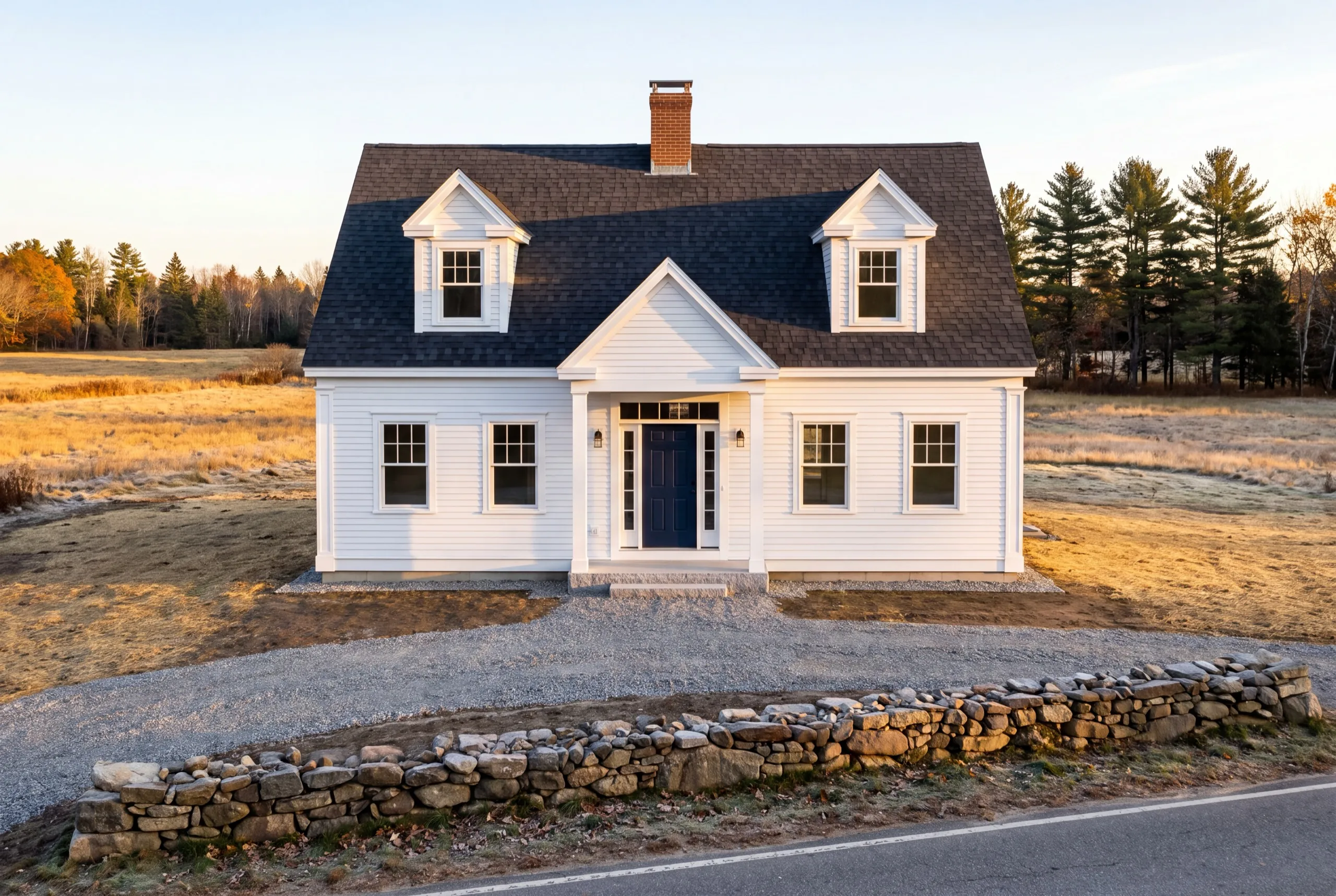 Custom home builder Whitefield Maine: white cape with a center entry, two dormers and chimney by a field
