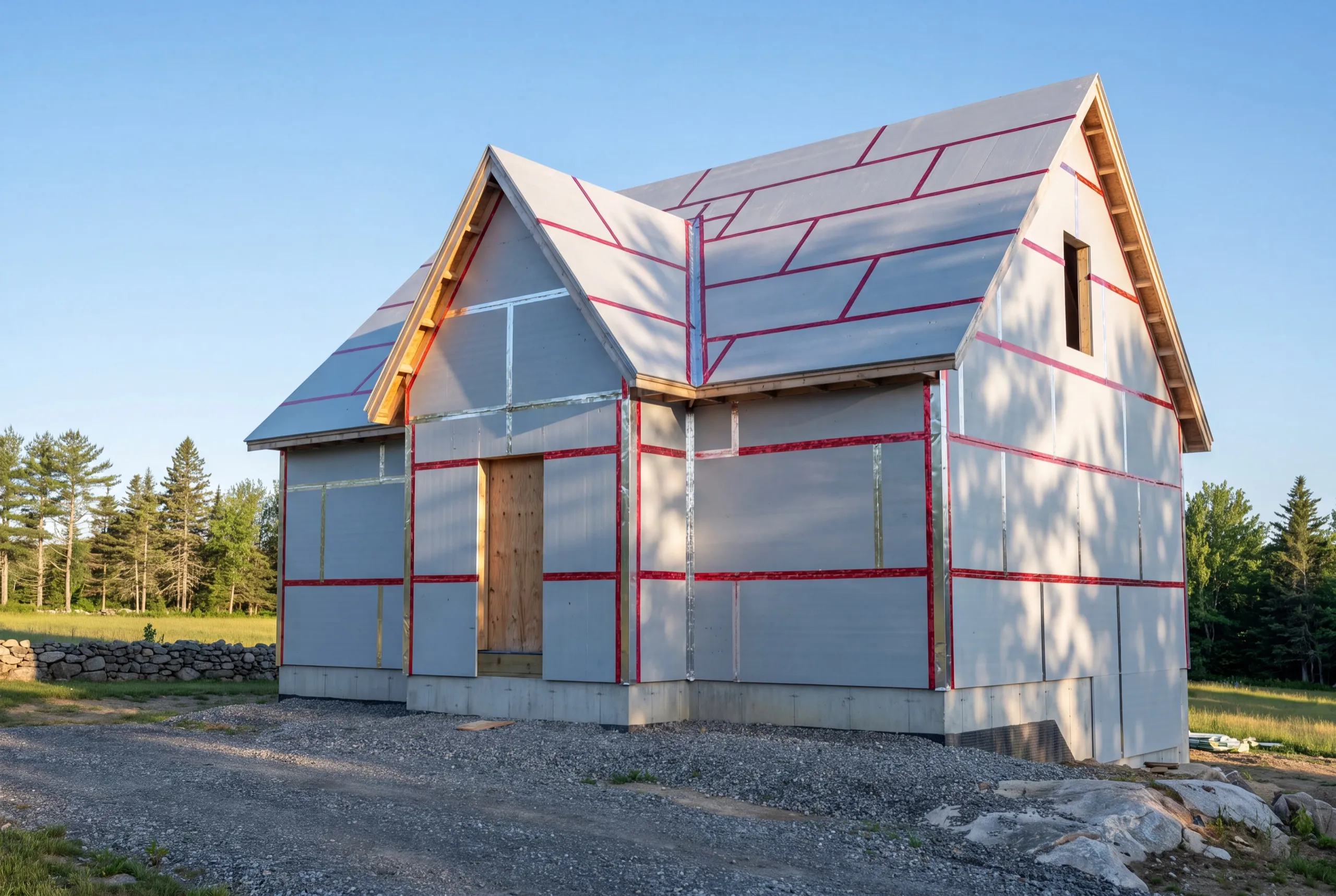 New home builder Whitefield Maine: house walls and roof clad in rigid foam boards with taped seams