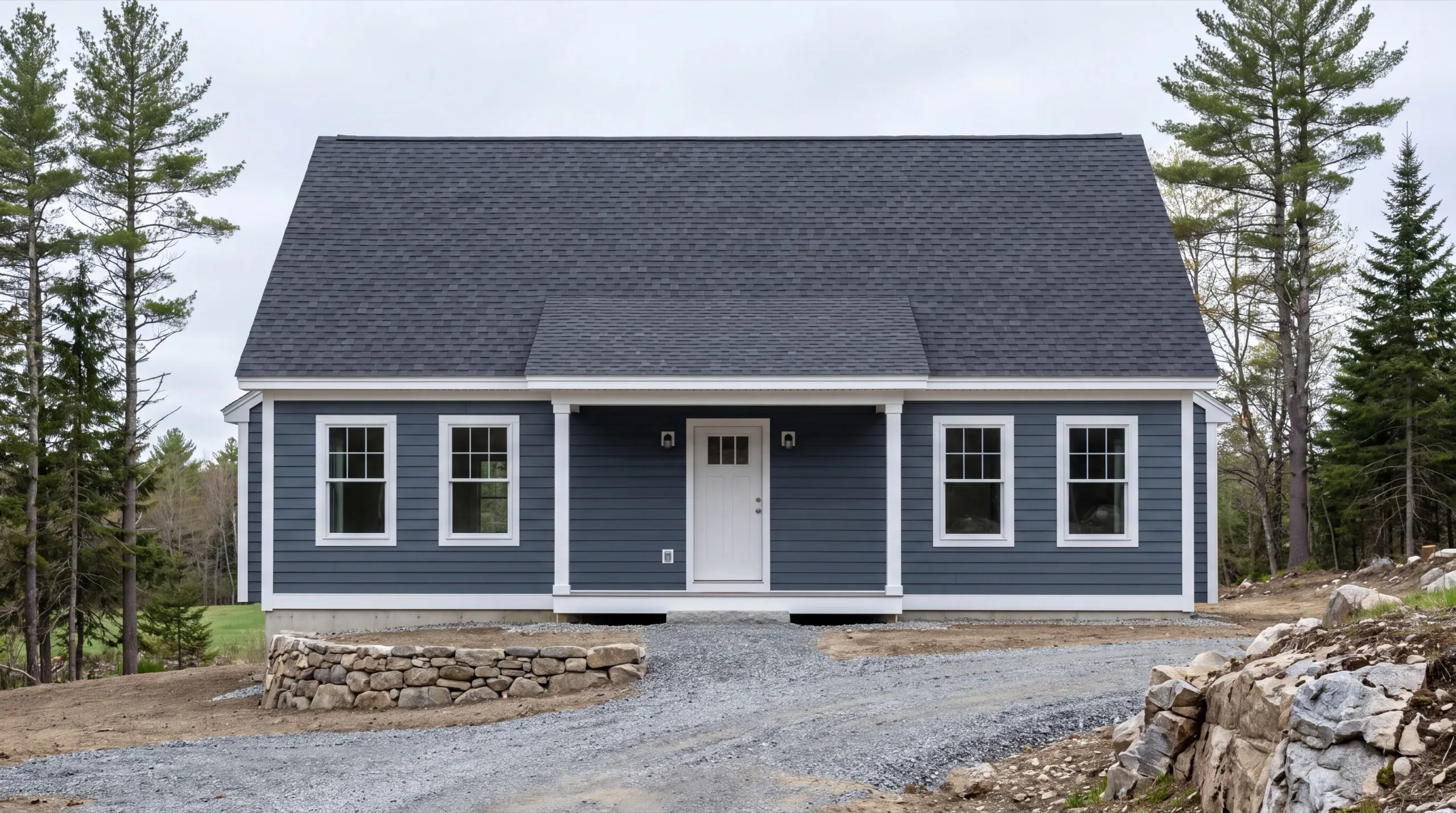 Custom home builder in Whitefield, ME: finished blue-gray one-story house with a covered front porch