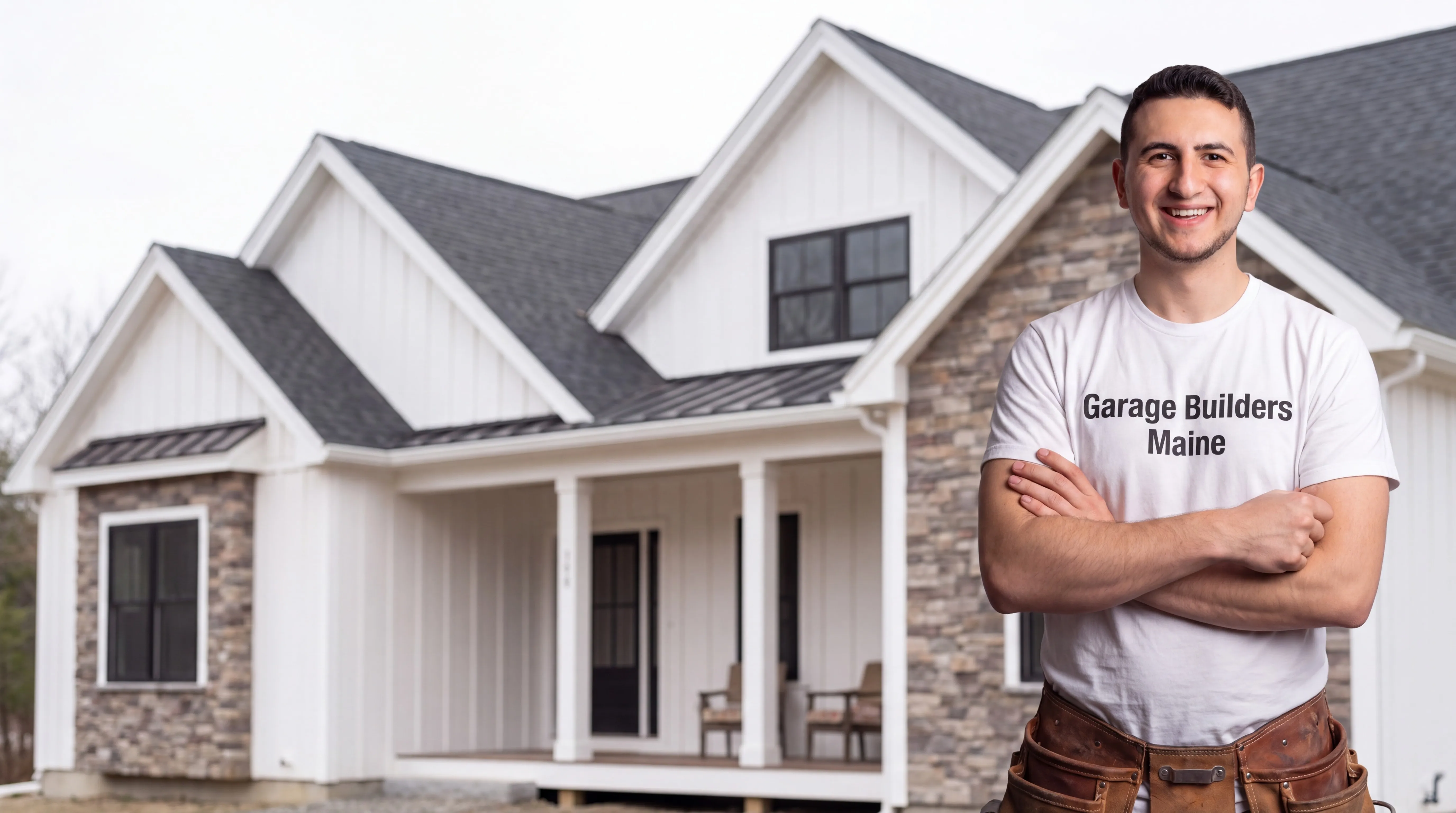 Owner of Garage Builders Maine standing with his arms crossed and smiling at a Maine job site