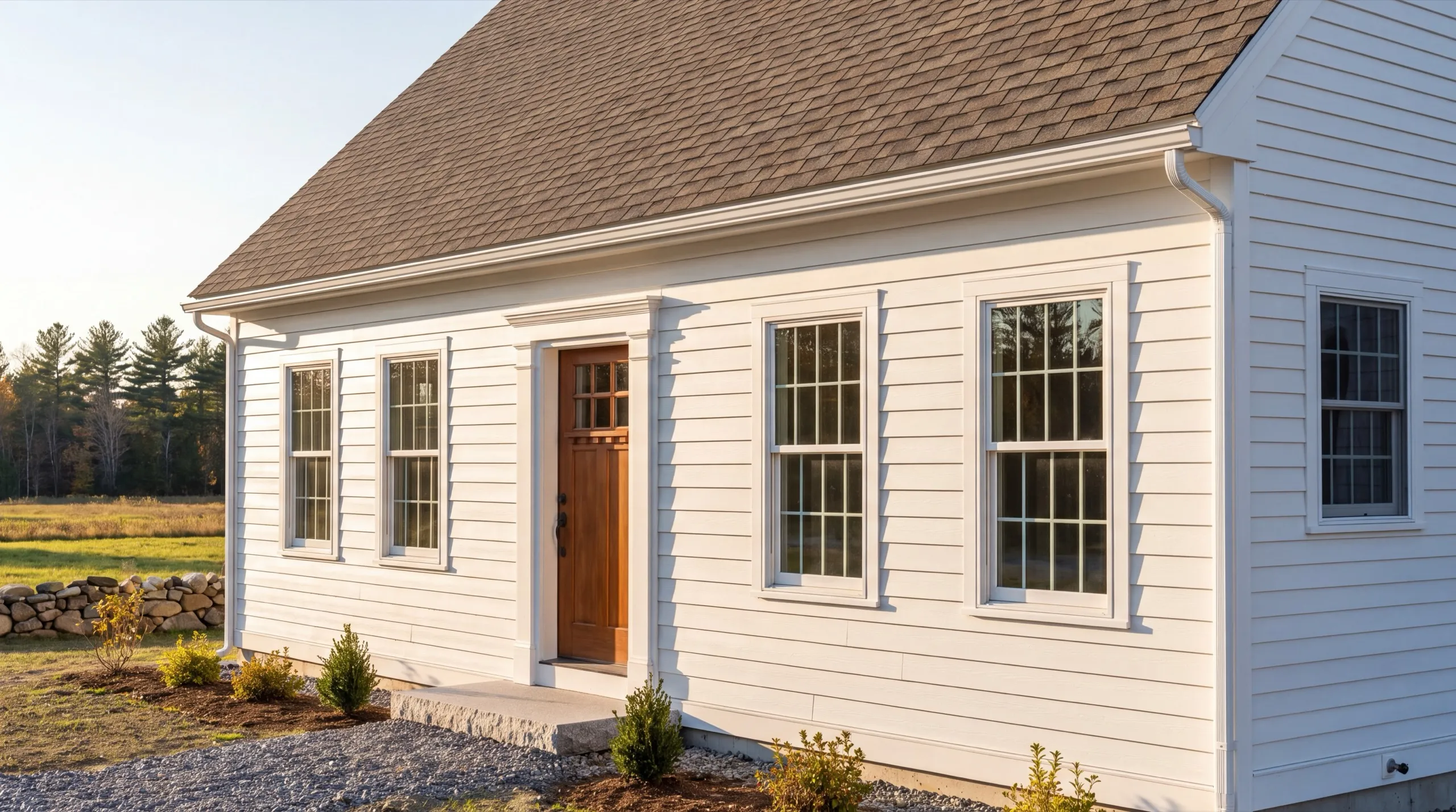 Custom home builder Windsor Maine: finished white lap-sided house with a wood front door and new plantings