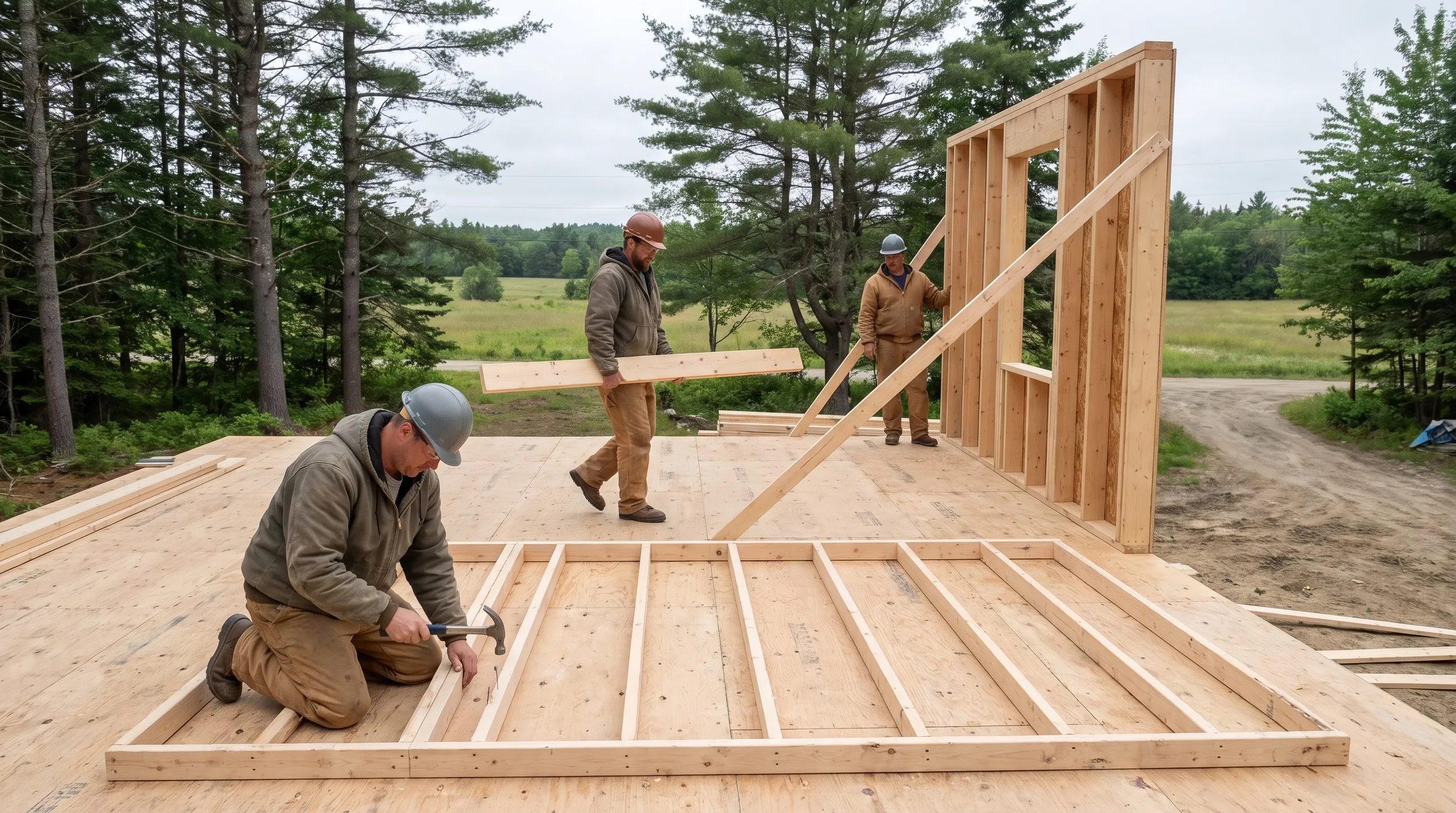Residential home builder Windsor Maine: crew nailing a wall frame on the subfloor beside a braced wall section with a window opening