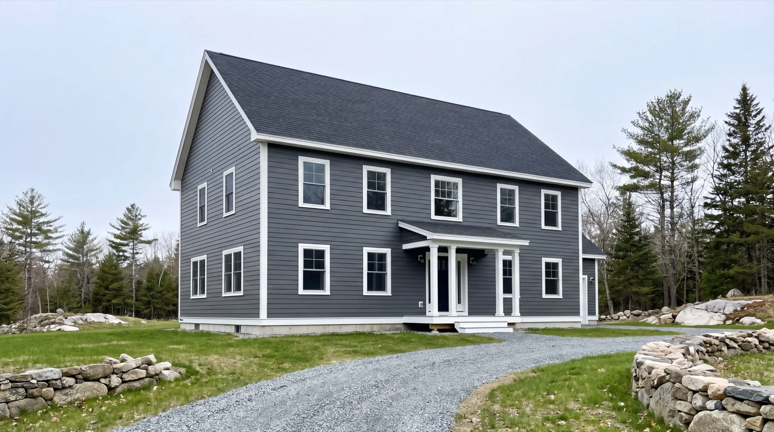 Custom home builder in Windsor, ME: finished gray two-story colonial with a small entry porch on a gravel drive