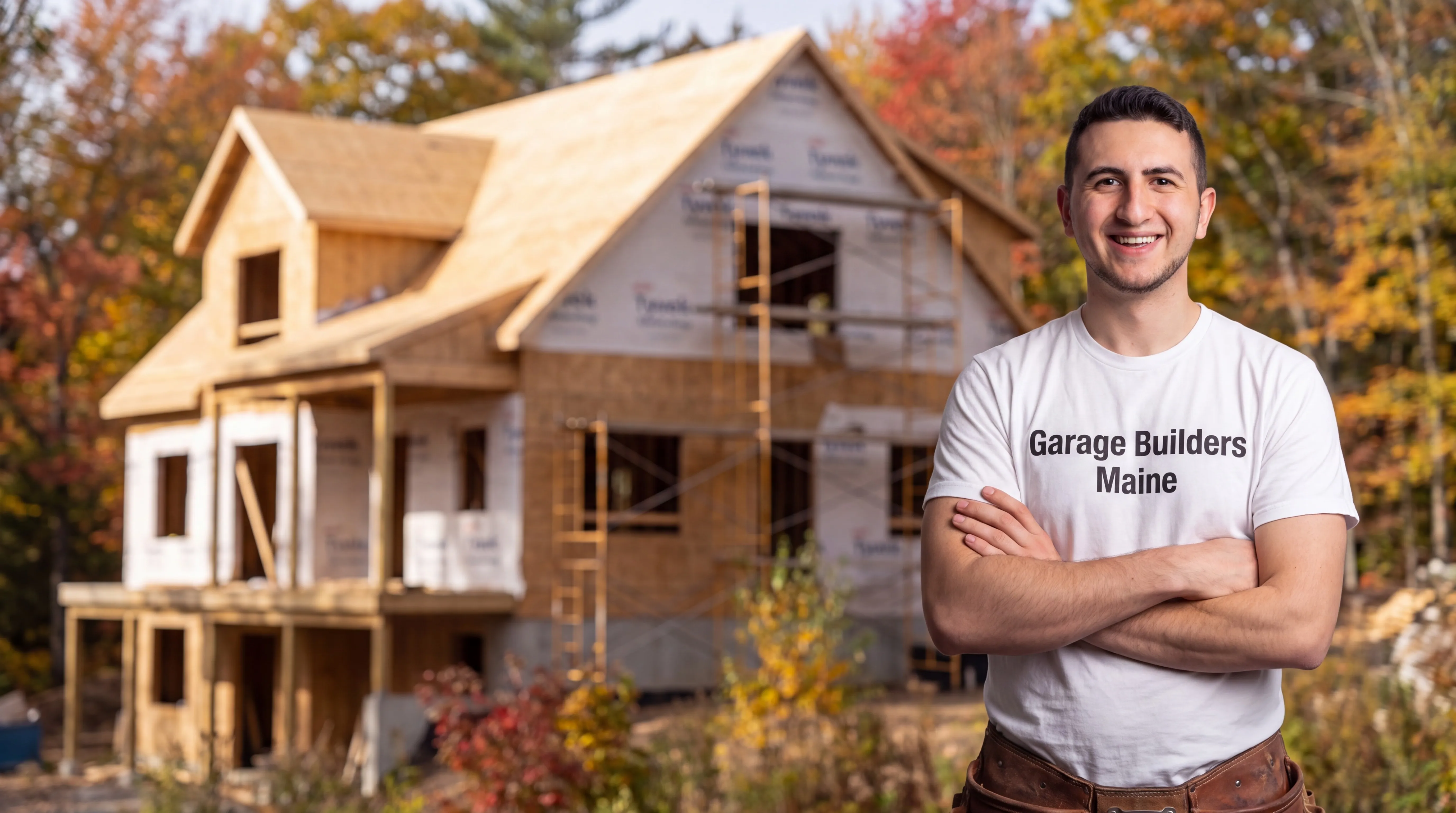 Custom home builder Windsor Maine: owner with arms crossed in front of a wrapped two-story house with scaffolding