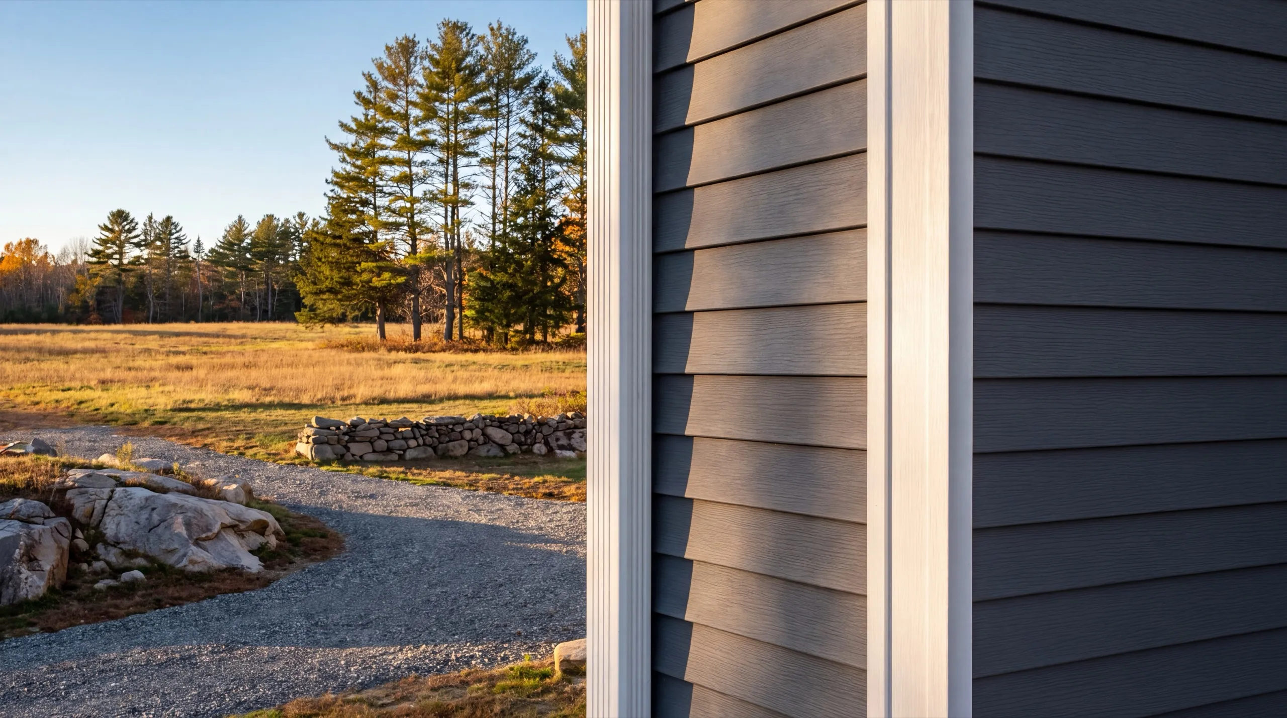 New home builder Windsor Maine: close view of gray lap siding and white corner trim by a gravel drive