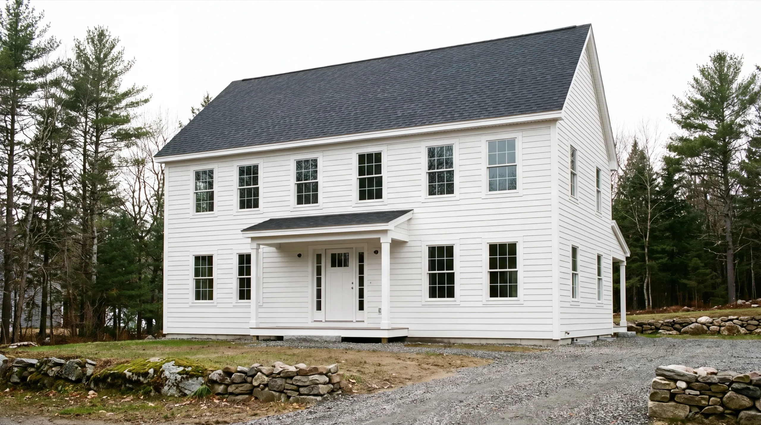 Custom home builder in Winthrop, ME: finished white two-story colonial with a covered entry and stone walls