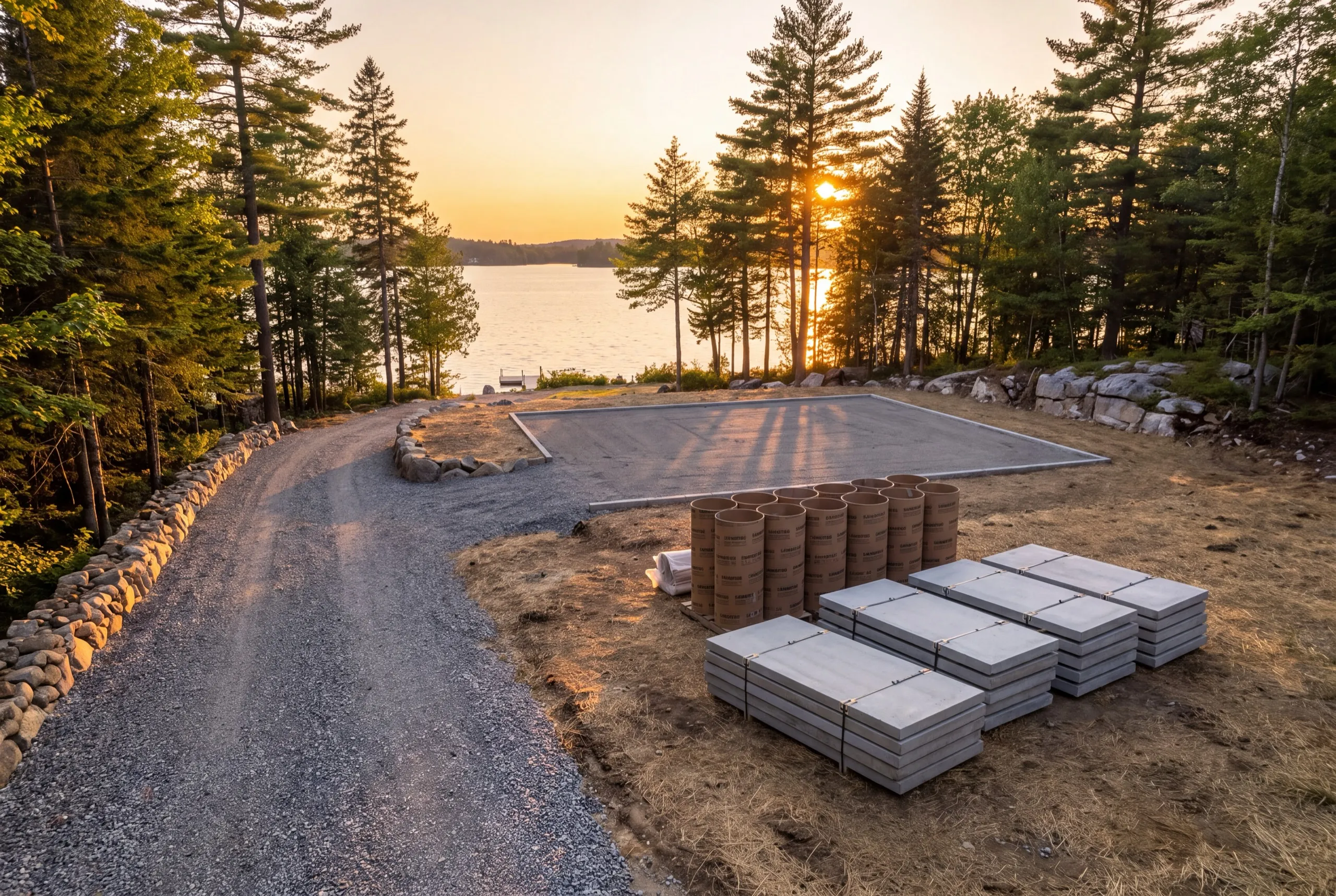 Cleared building pad by a lake with form tubes and pallets of pavers staged in Winthrop, Maine