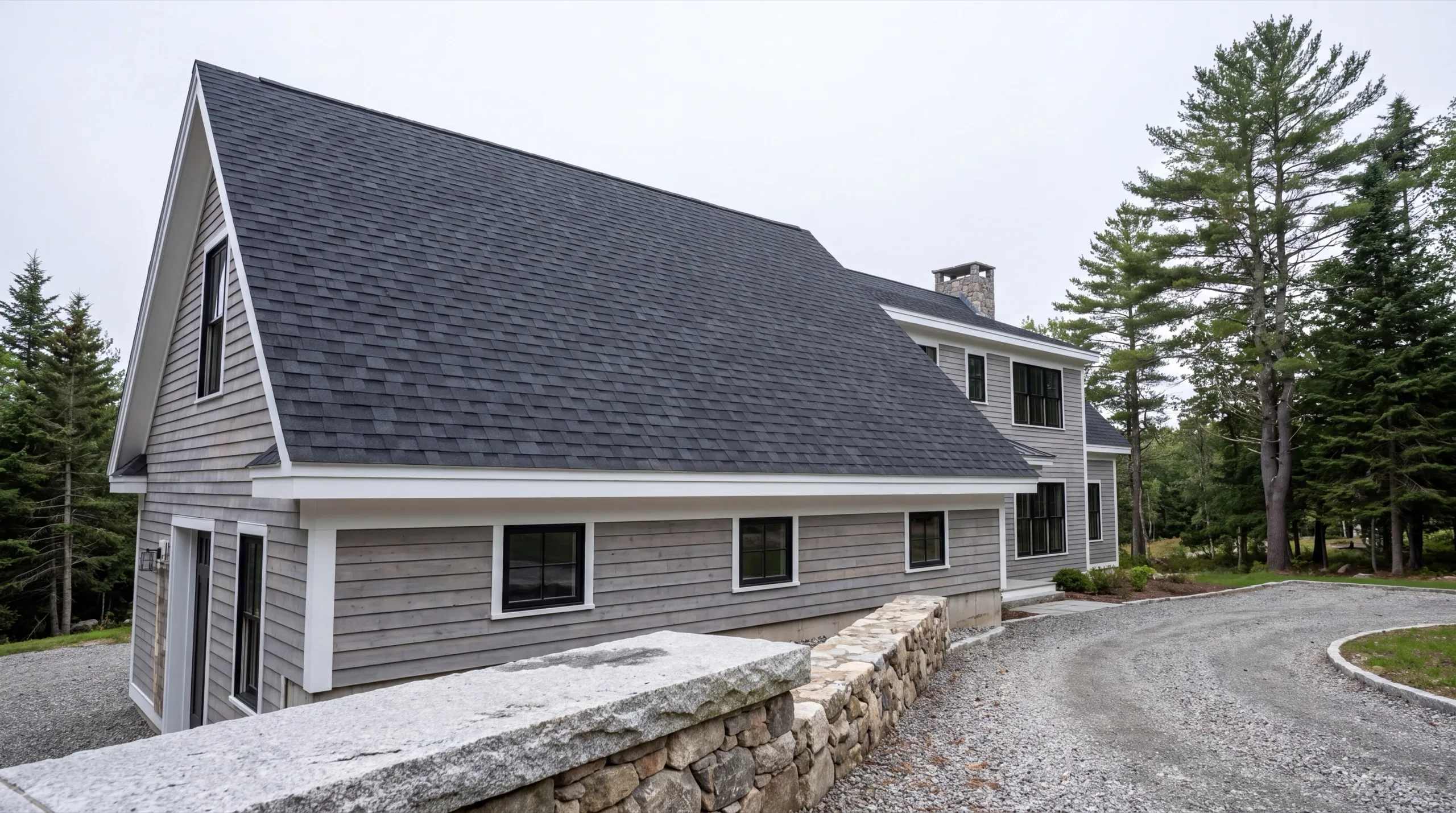 New home builder Winthrop Maine: finished house with gray wood lap siding and a long sloping roof
