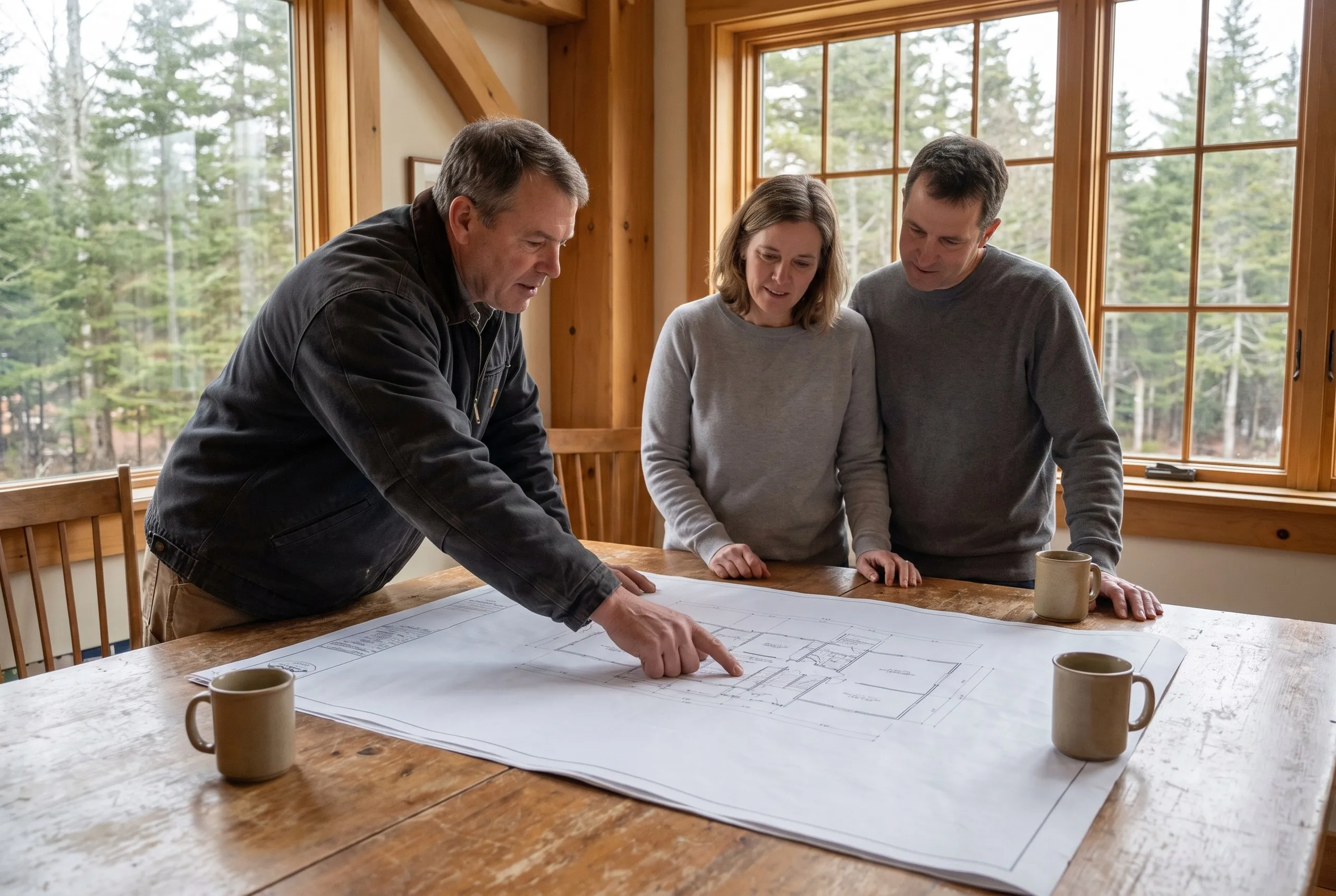 New home builder Wiscasset Maine: builder points to a floor plan spread on a wooden table as a couple looks on
