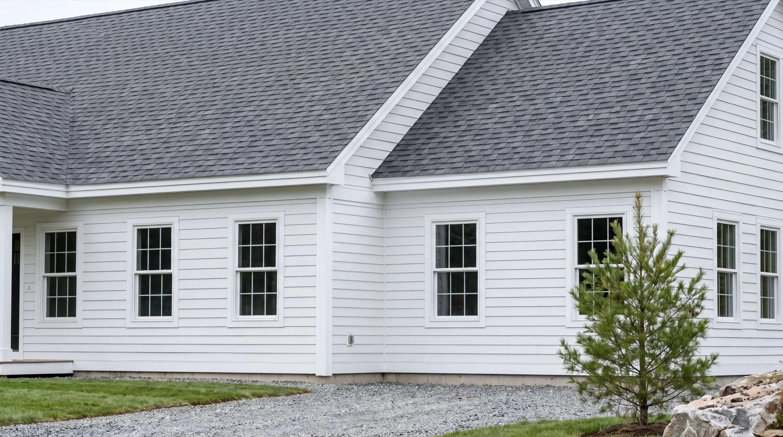 Custom home builder Wiscasset Maine: close view of a finished white lap-sided house with a gray roof