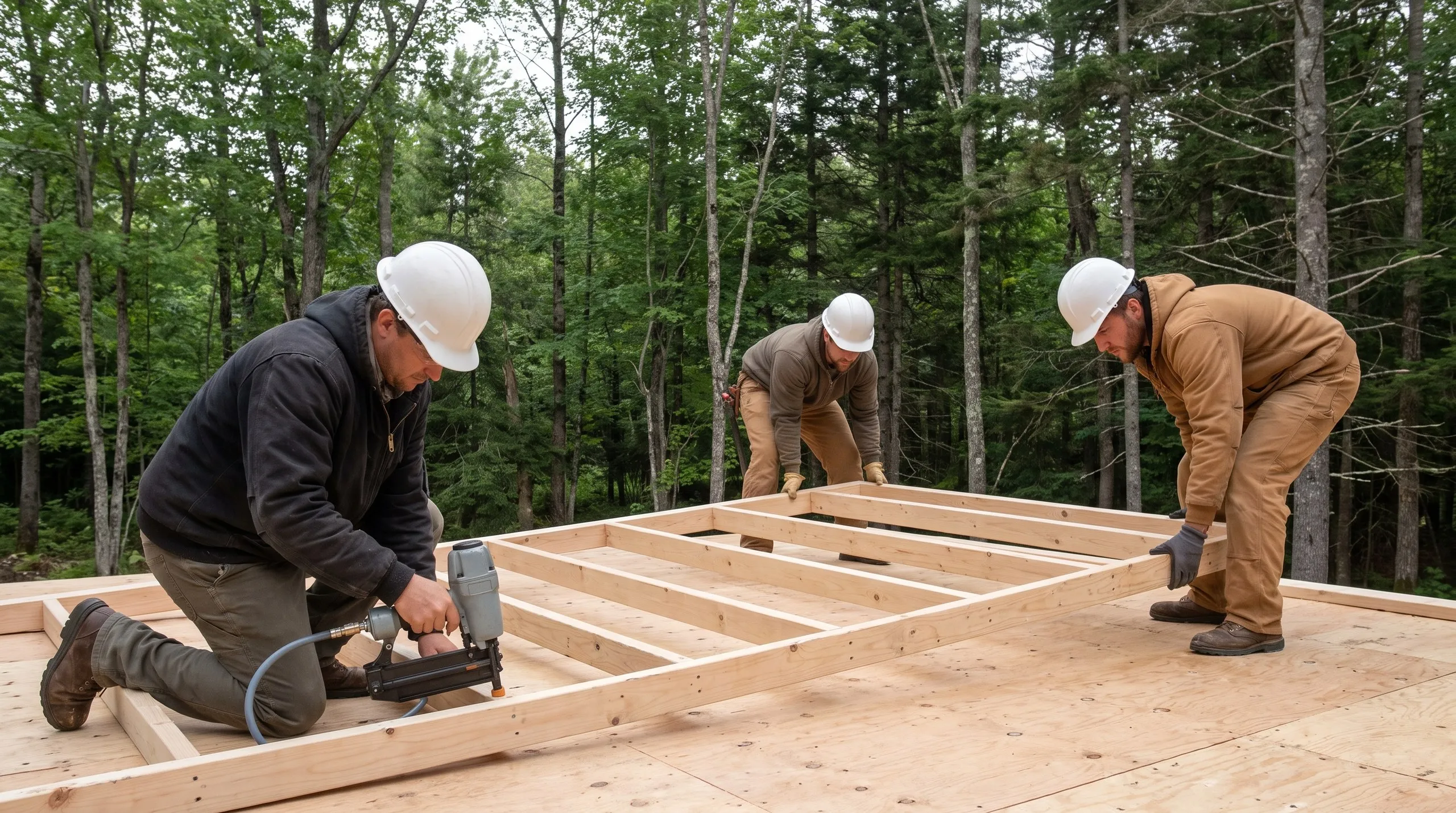 Residential home builder Wiscasset Maine: crew assembling a stud wall flat on the plywood subfloor, one using a nail gun