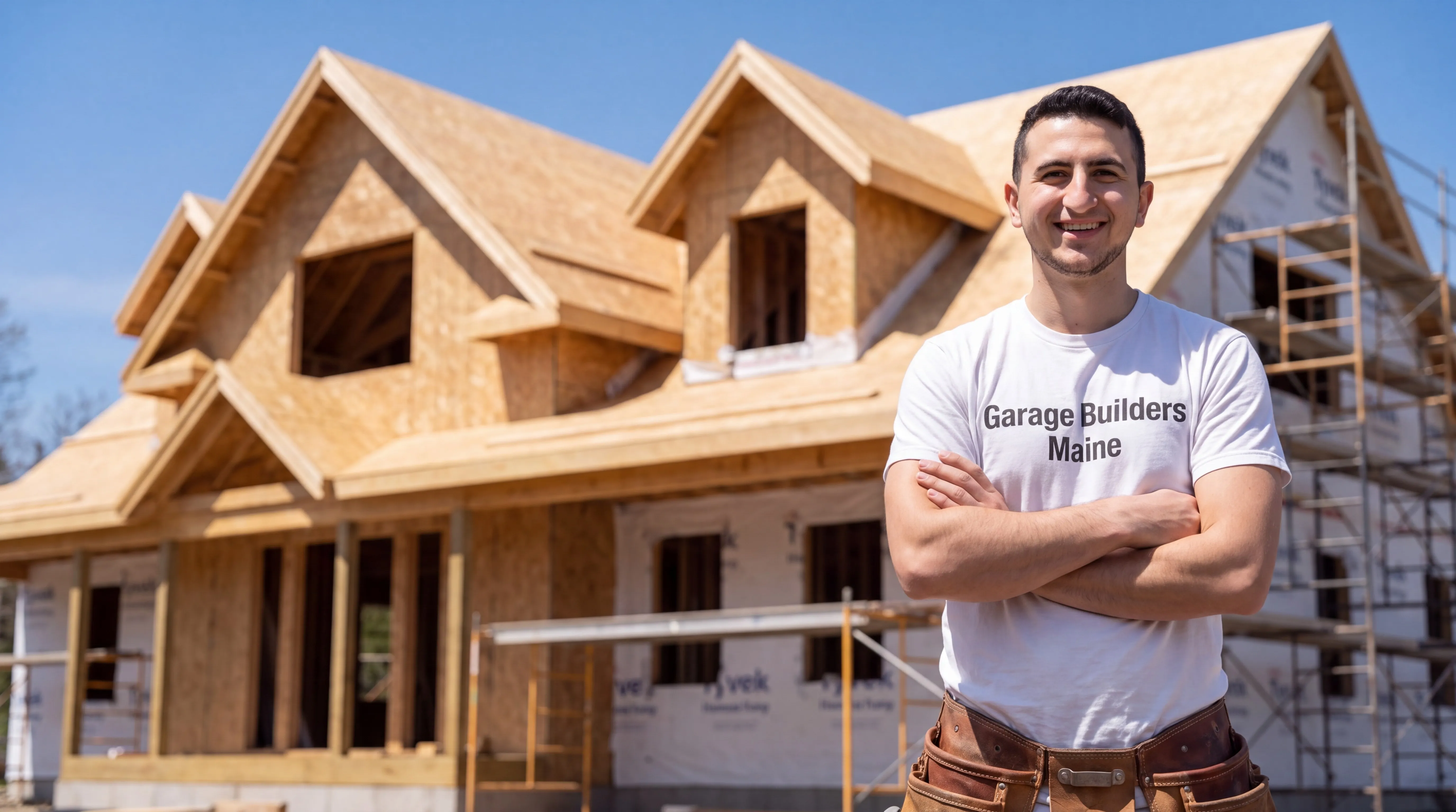 Custom home builder Wiscasset Maine: owner with arms crossed in front of a sheathed house with dormers and scaffolding