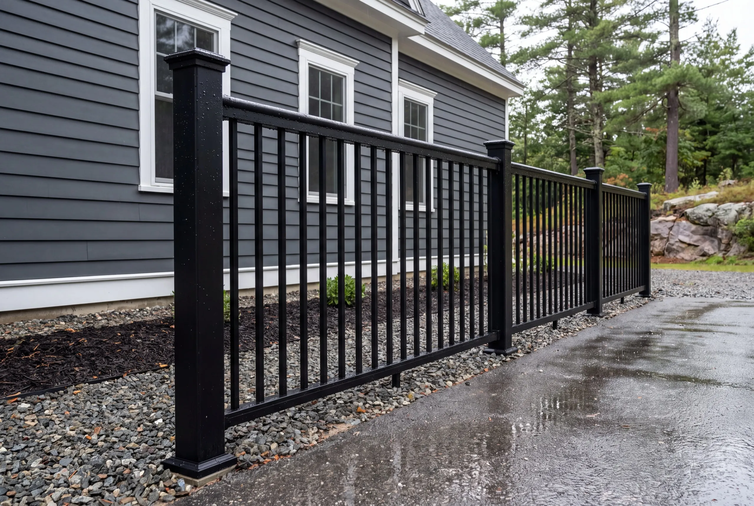 Residential home builder Wiscasset Maine: black metal railing along a paved drive beside a finished gray-sided house