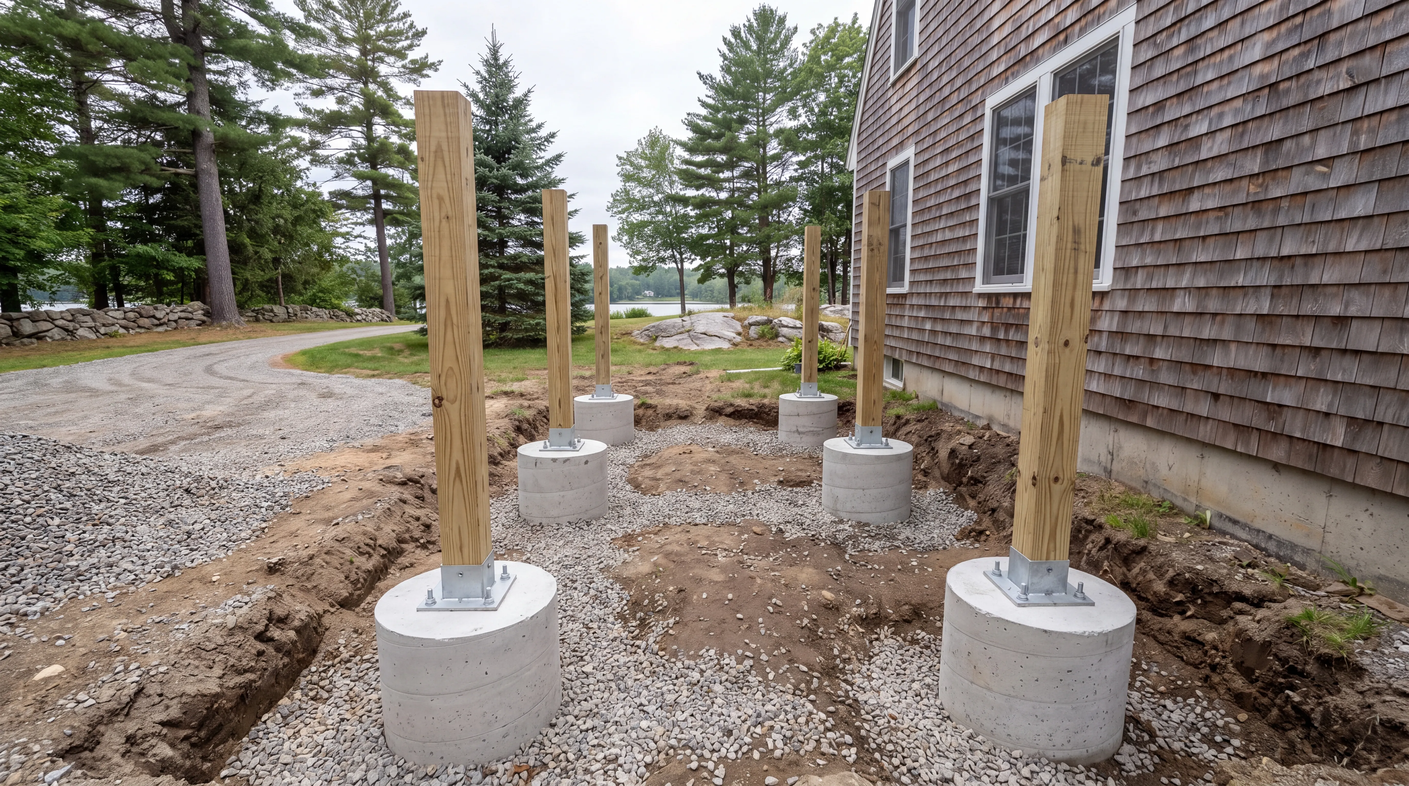 Round concrete footings with new wood posts in metal bases beside a shingled house in Augusta, Maine