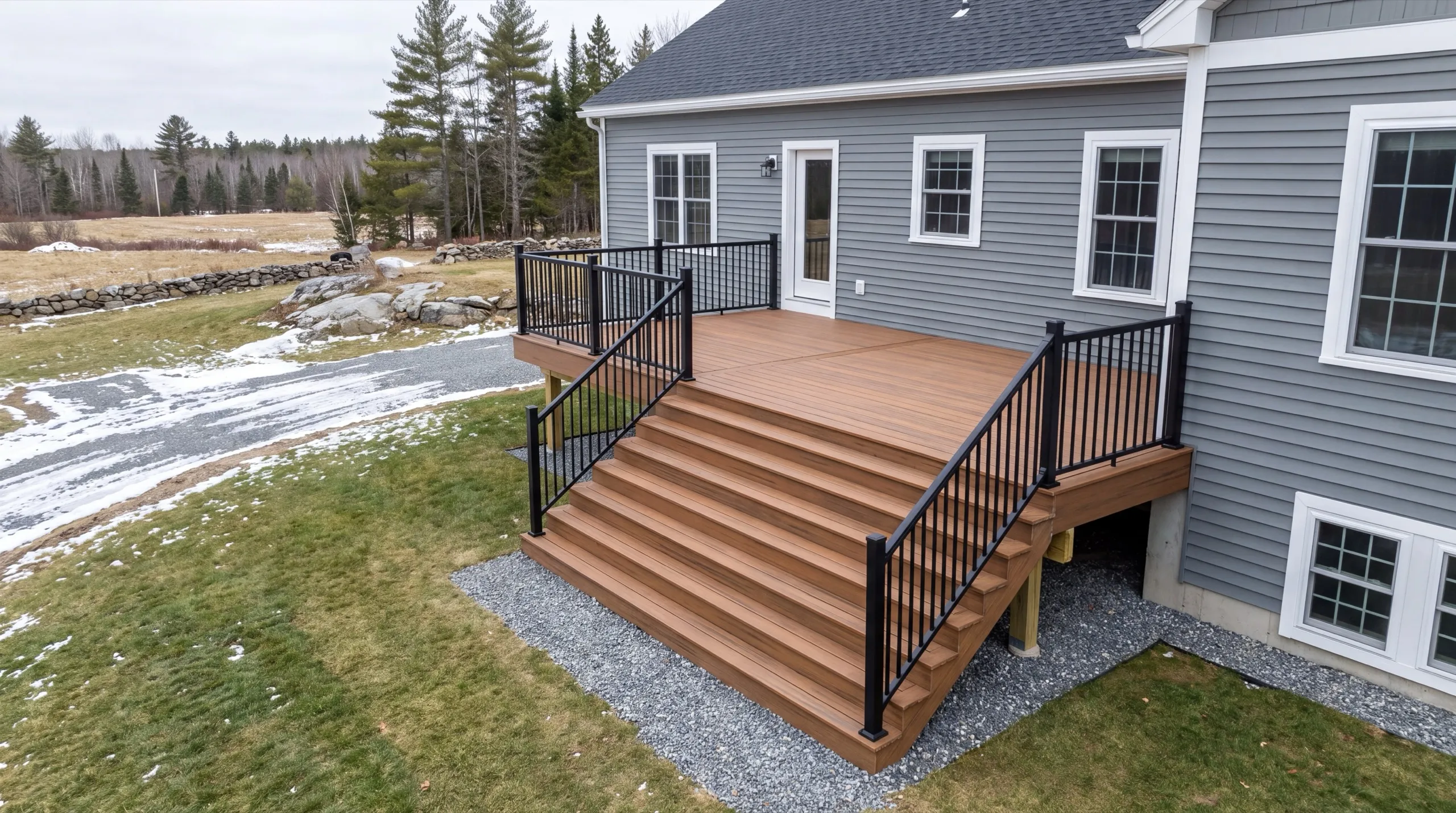 Deck contractor Chelsea Maine: brown composite deck with wide stairs and black railings on a gray house