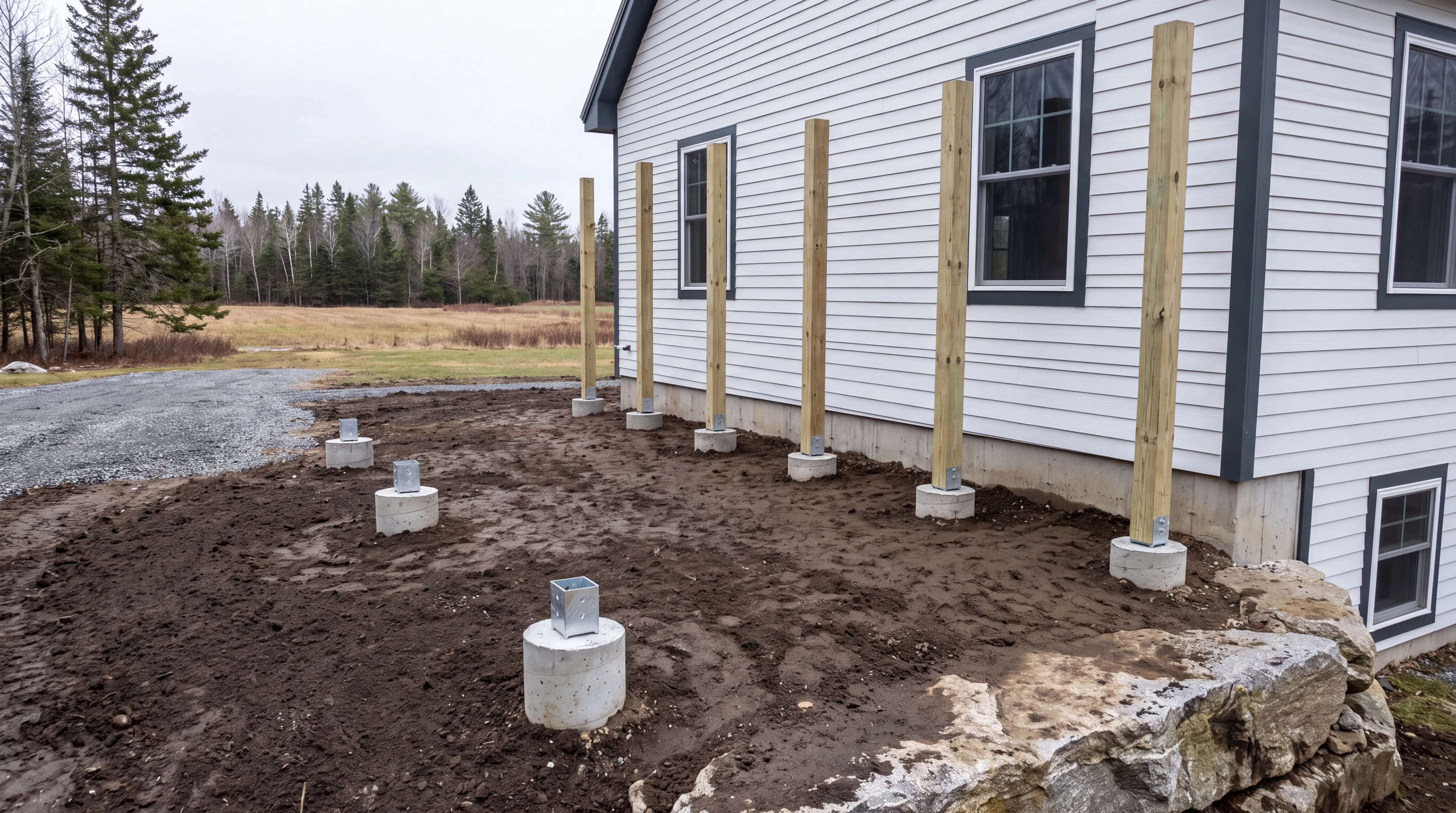 Concrete pier footings with metal post bases and new posts along a white house in Chelsea, Maine