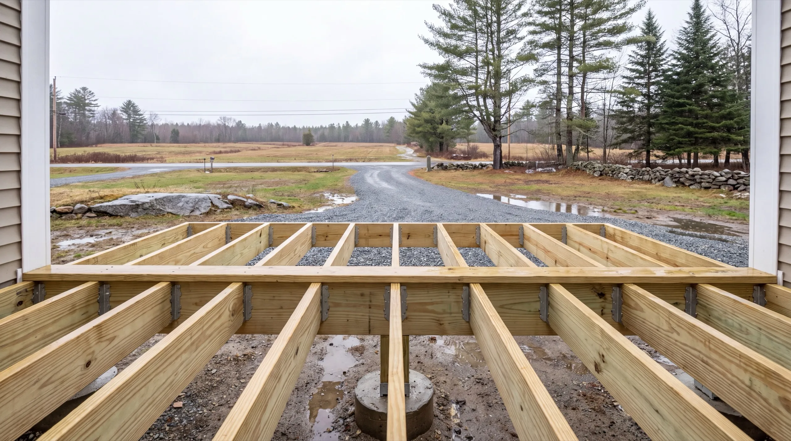 Deck builder Chelsea Maine: new pressure-treated deck joists in metal hangers on a beam over a concrete pier