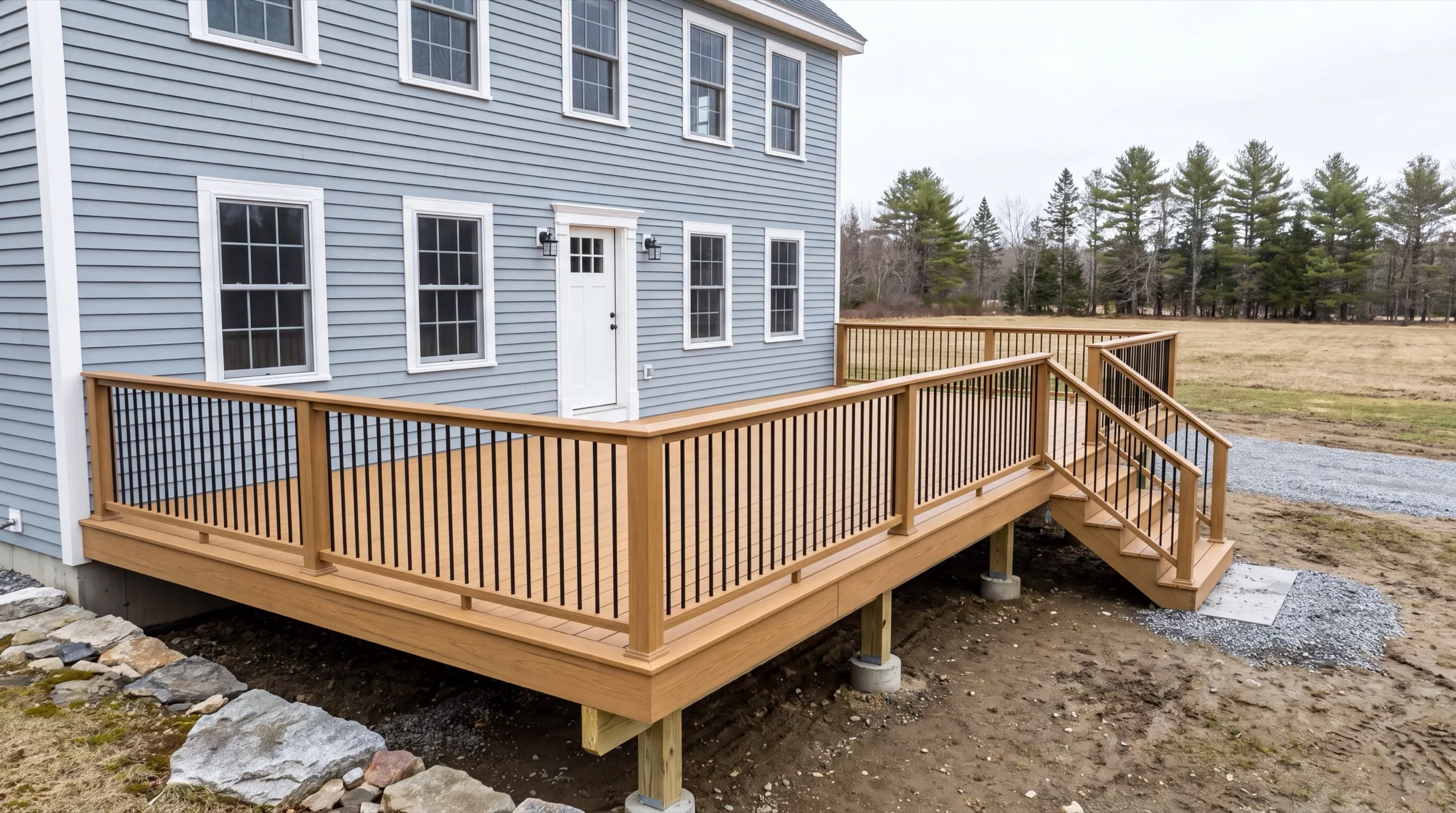 Deck contractor in Chelsea, ME: tan composite deck with black balusters and side stairs on a blue colonial