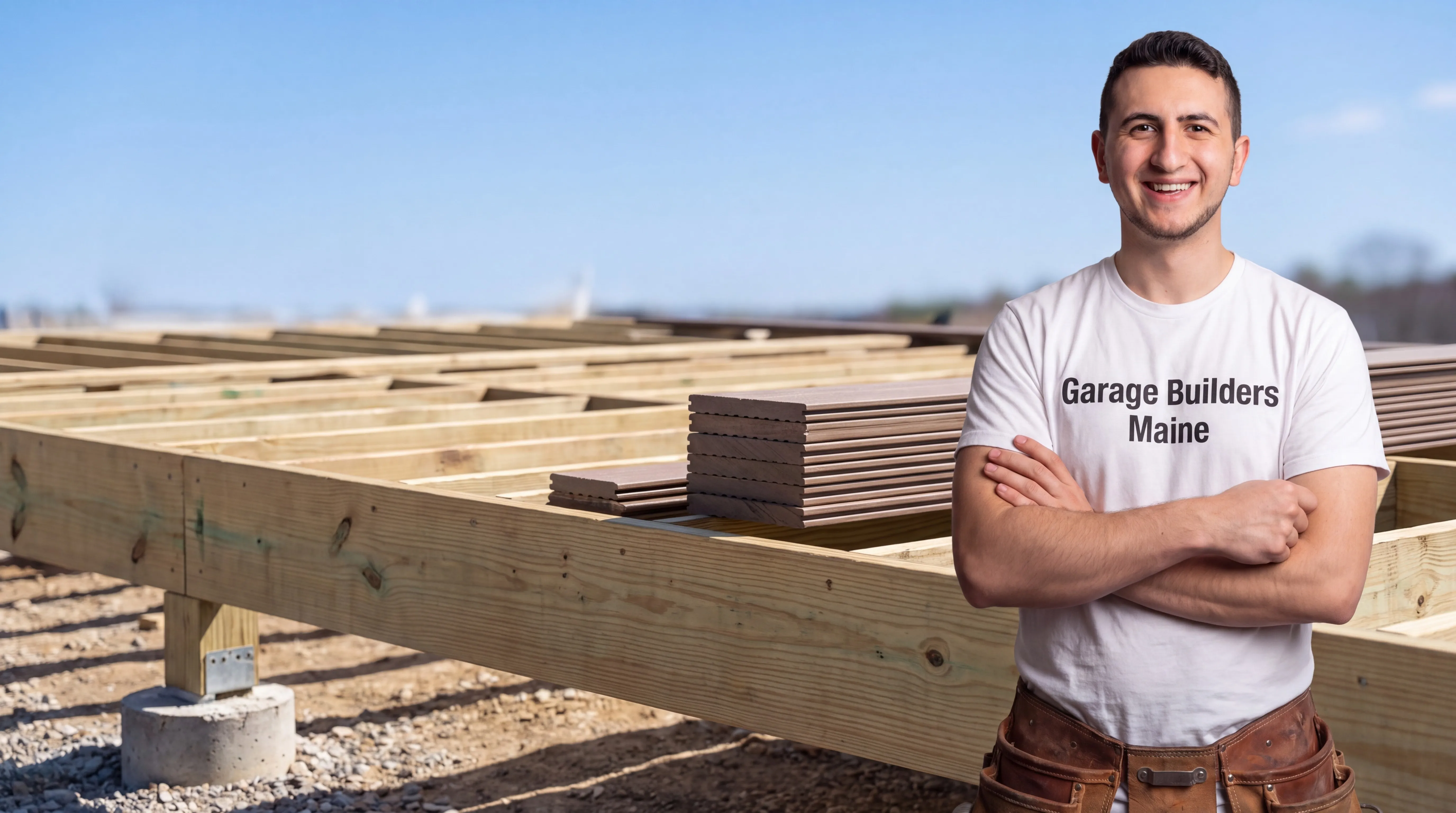 Deck contractor Chelsea Maine: owner with arms crossed beside new deck framing on piers with decking stacked