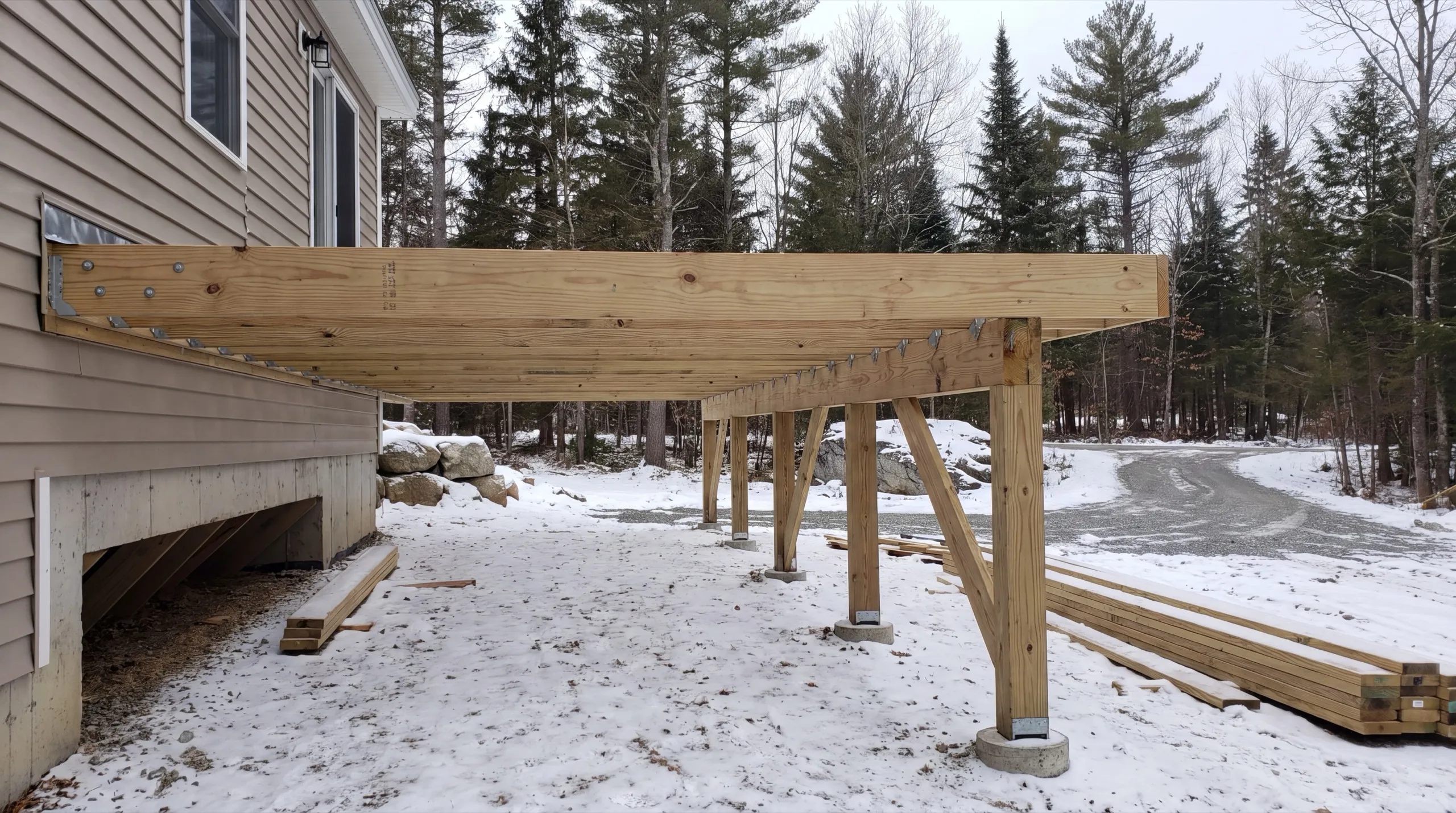 Deck builder Dresden Maine: raised deck frame on braced posts off a house in snow, lumber stacked nearby