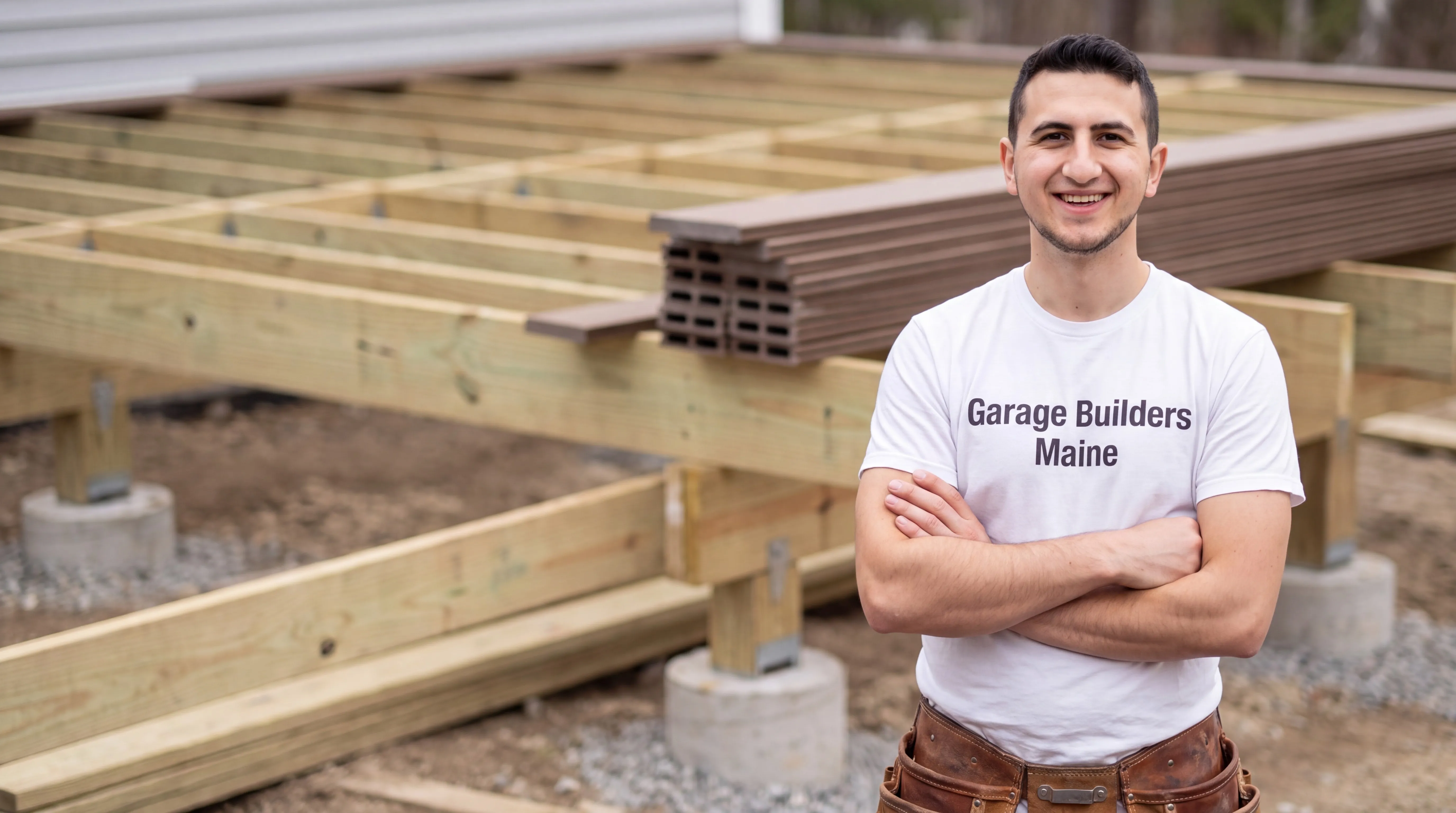 Deck contractor Dresden Maine: owner with arms crossed in front of new deck framing with decking boards stacked