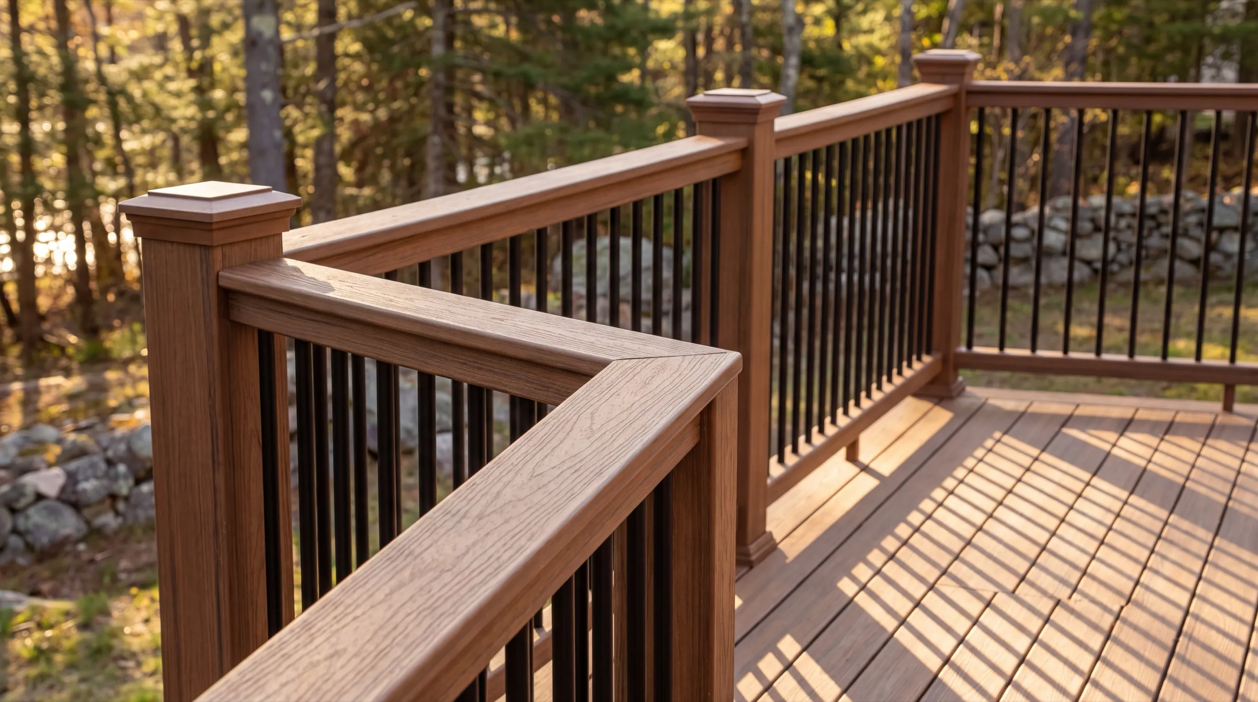Deck builder Dresden Maine: brown composite deck railing with black balusters and post caps in low sun