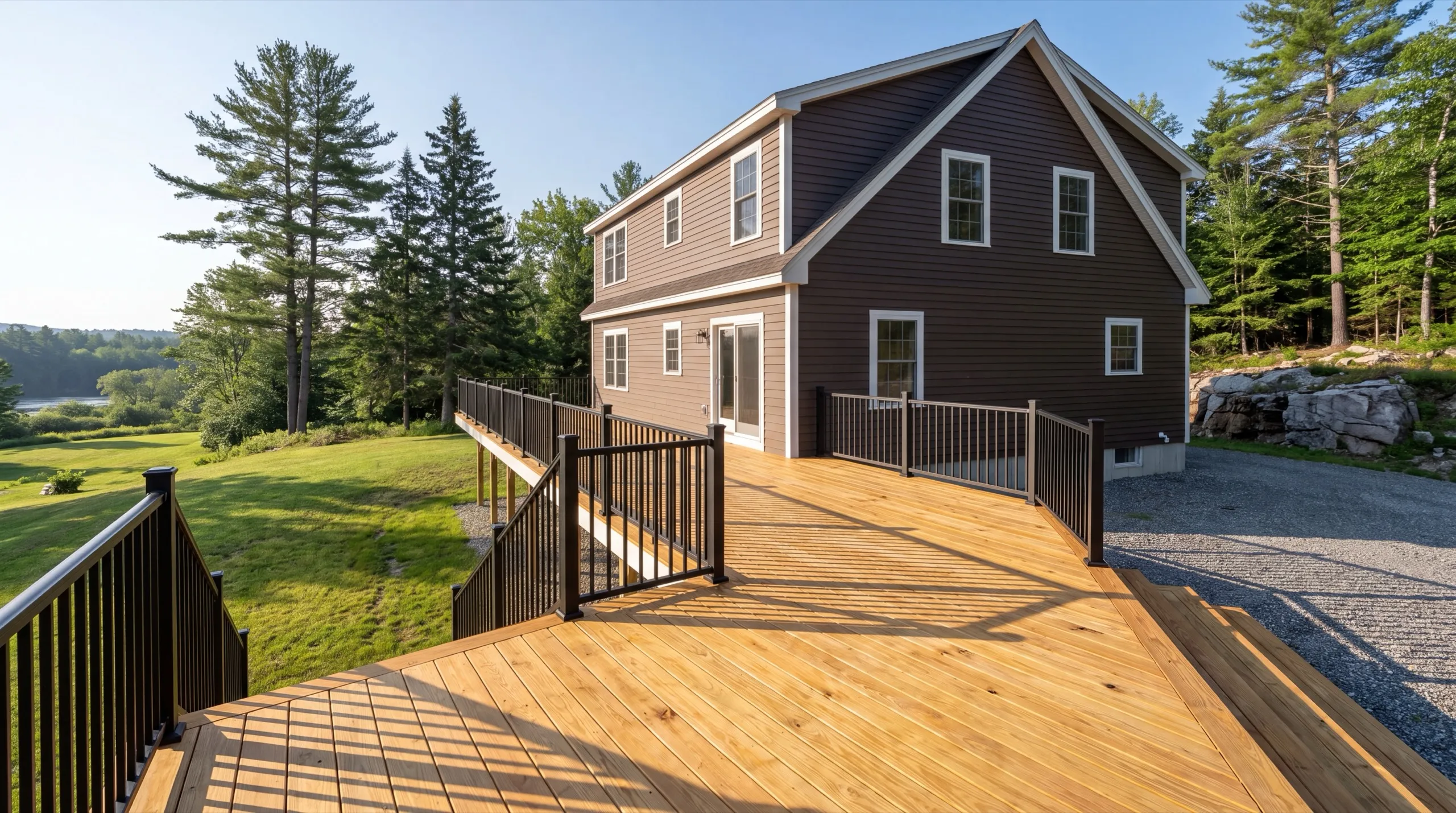 Deck contractor Farmingdale Maine: long pressure-treated deck with black metal railings beside a brown two-story house