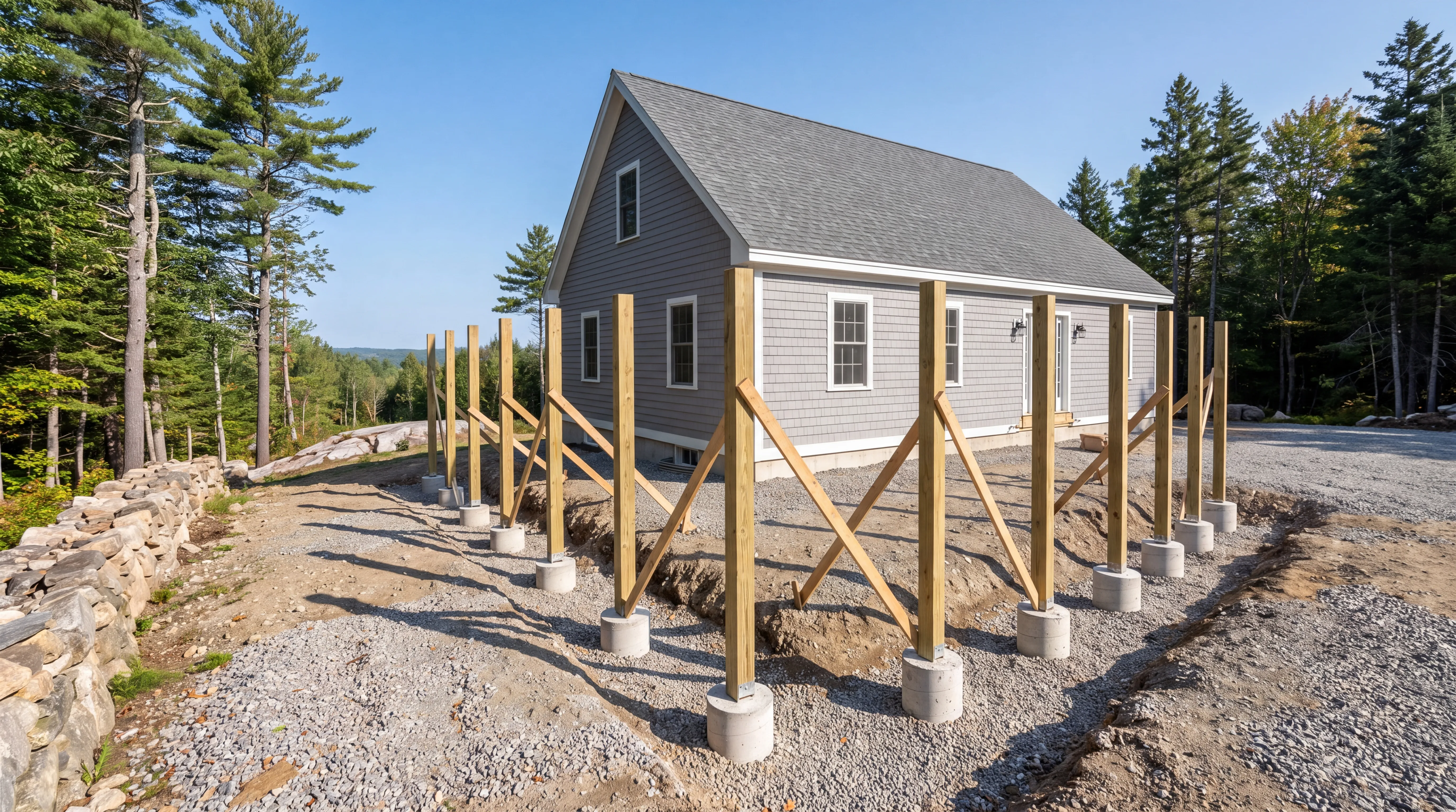 Row of braced deck posts on concrete piers along a gray-sided cape in Farmingdale, Maine