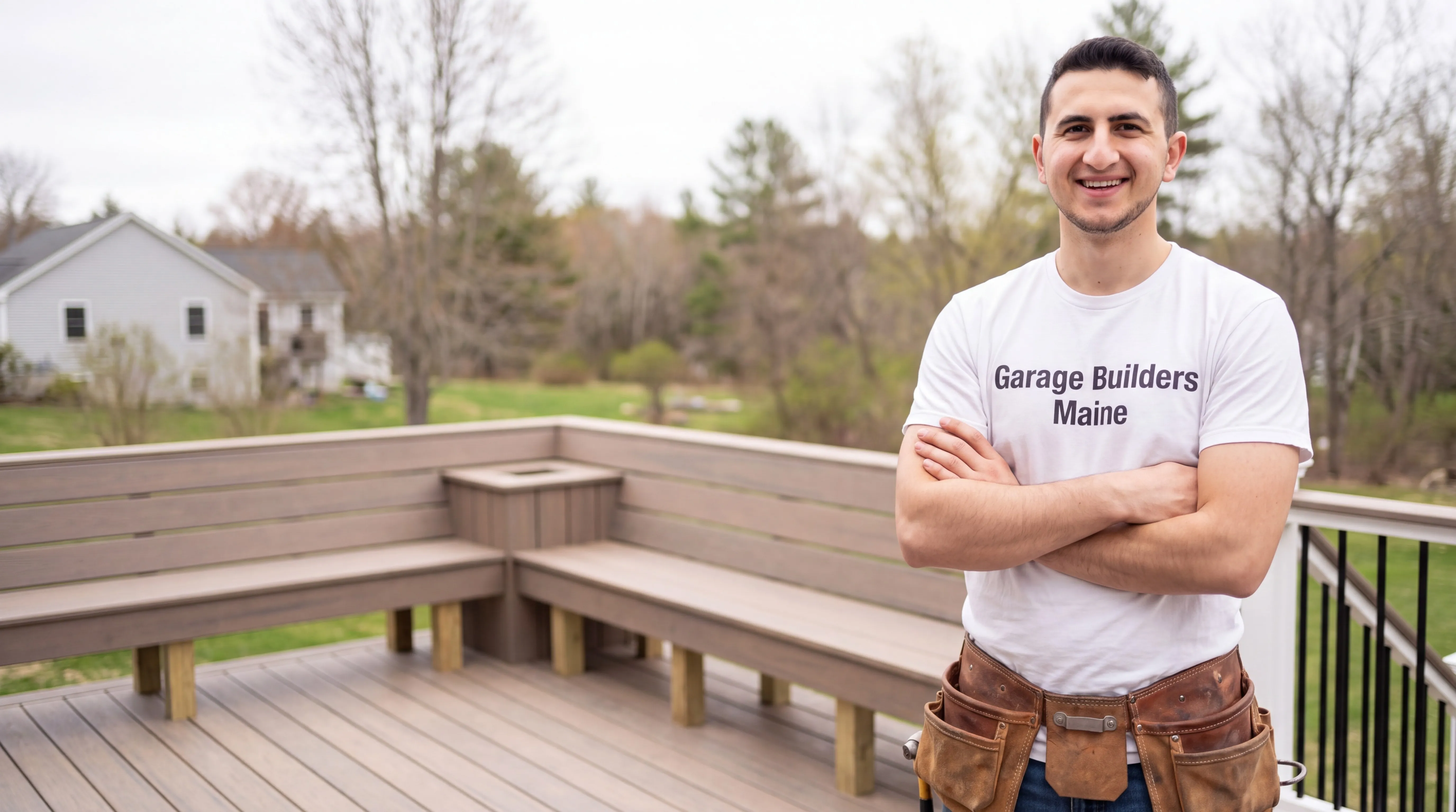 Deck contractor Farmingdale Maine: owner with arms crossed on a gray composite deck with a built-in bench