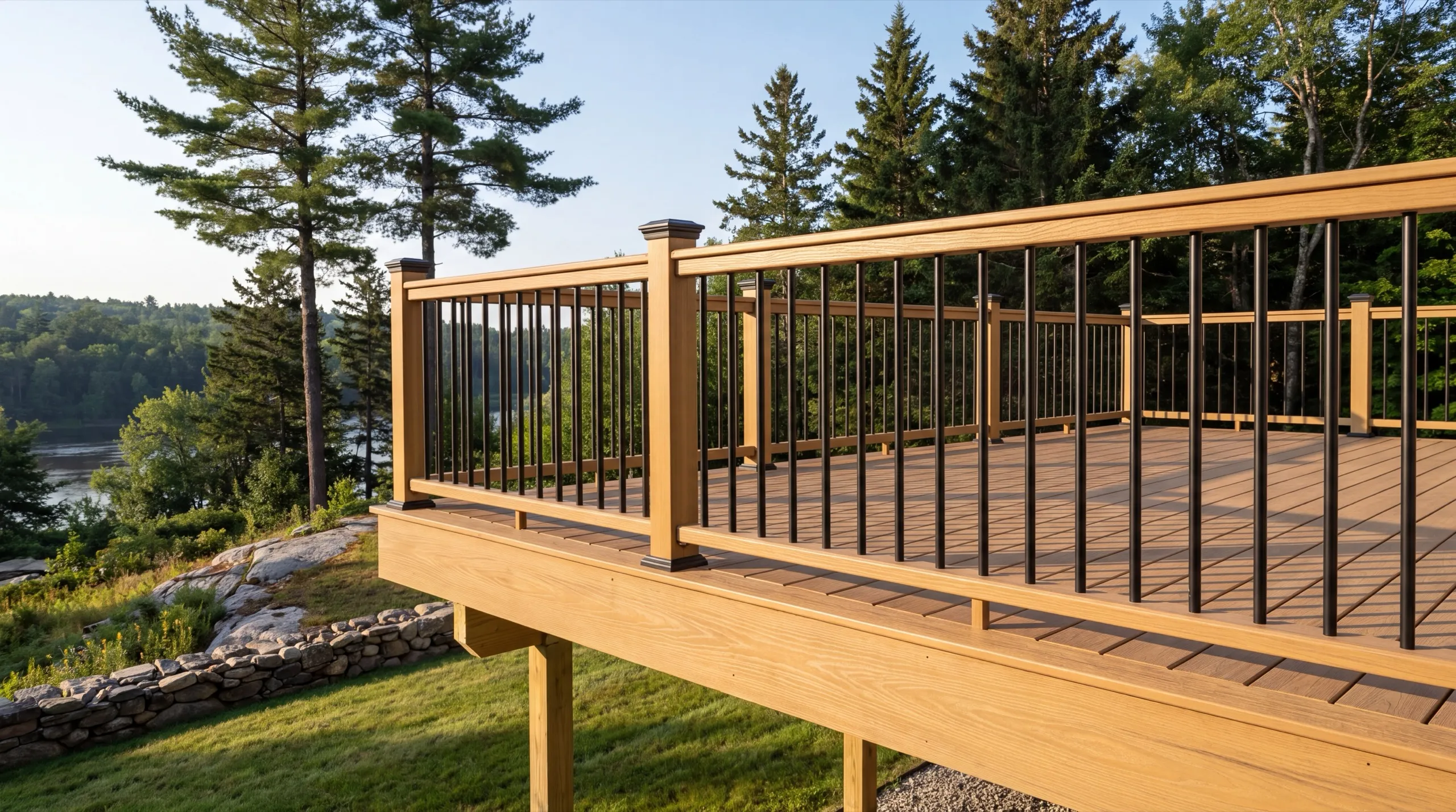 Deck builder Farmingdale Maine: tan composite deck railing with black round balusters above a lawn and stone wall