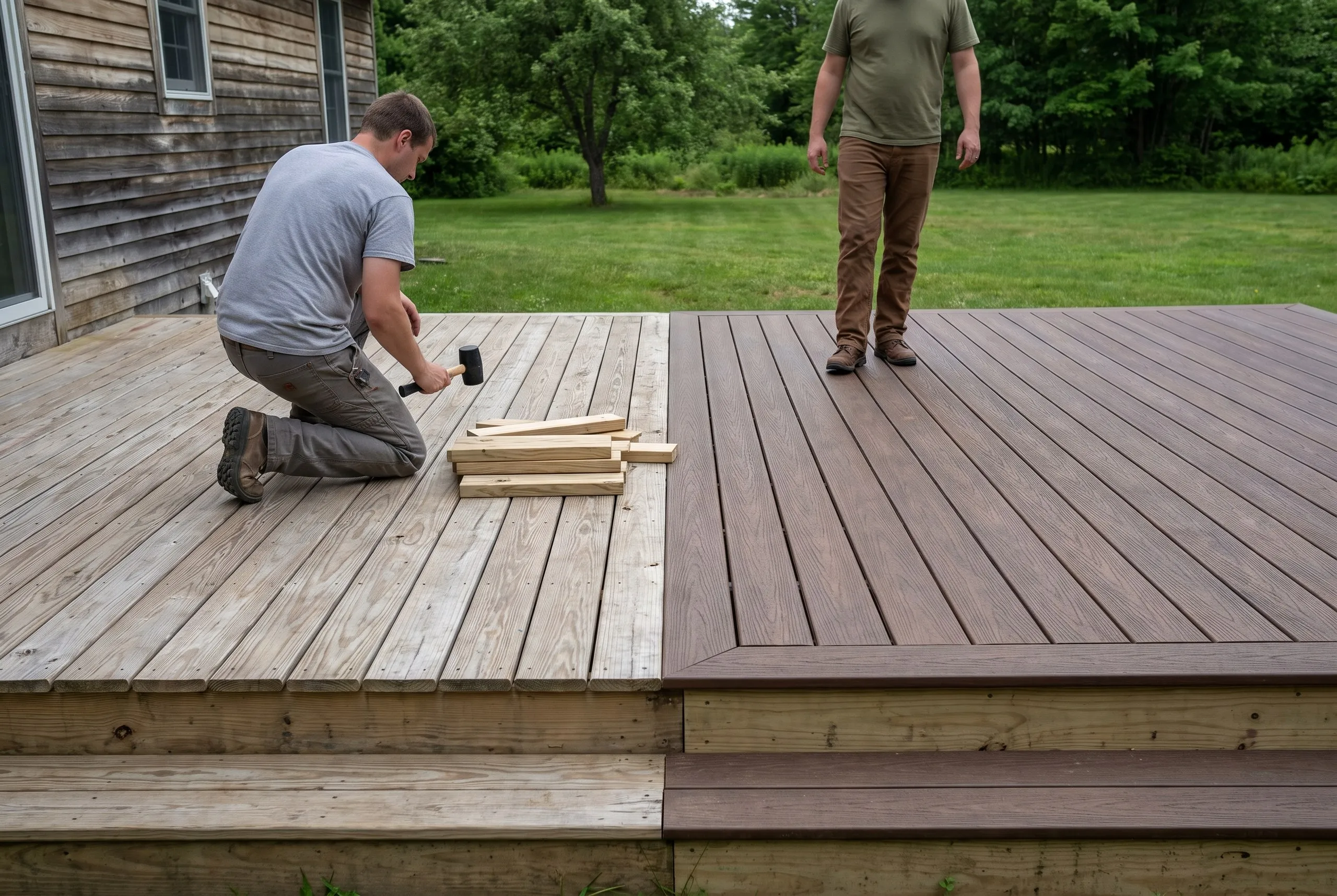 Deck builder Farmingdale Maine: low ground-level deck with pressure-treated wood boards on one side and brown composite on the other