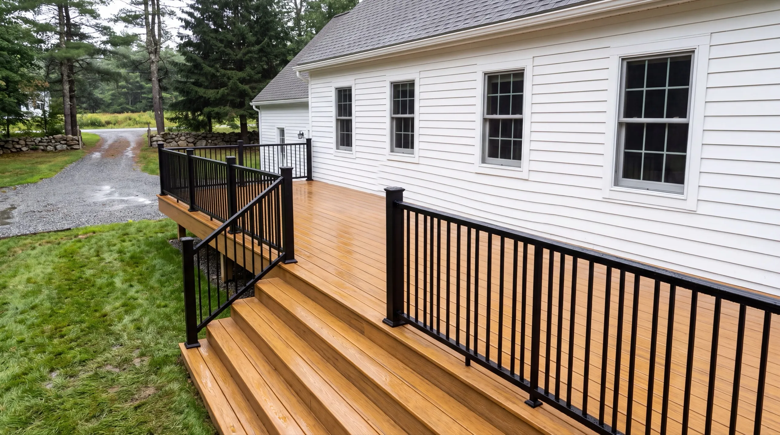 Deck contractor Gardiner Maine: new pressure-treated deck and wide stairs with black metal railing on a white house