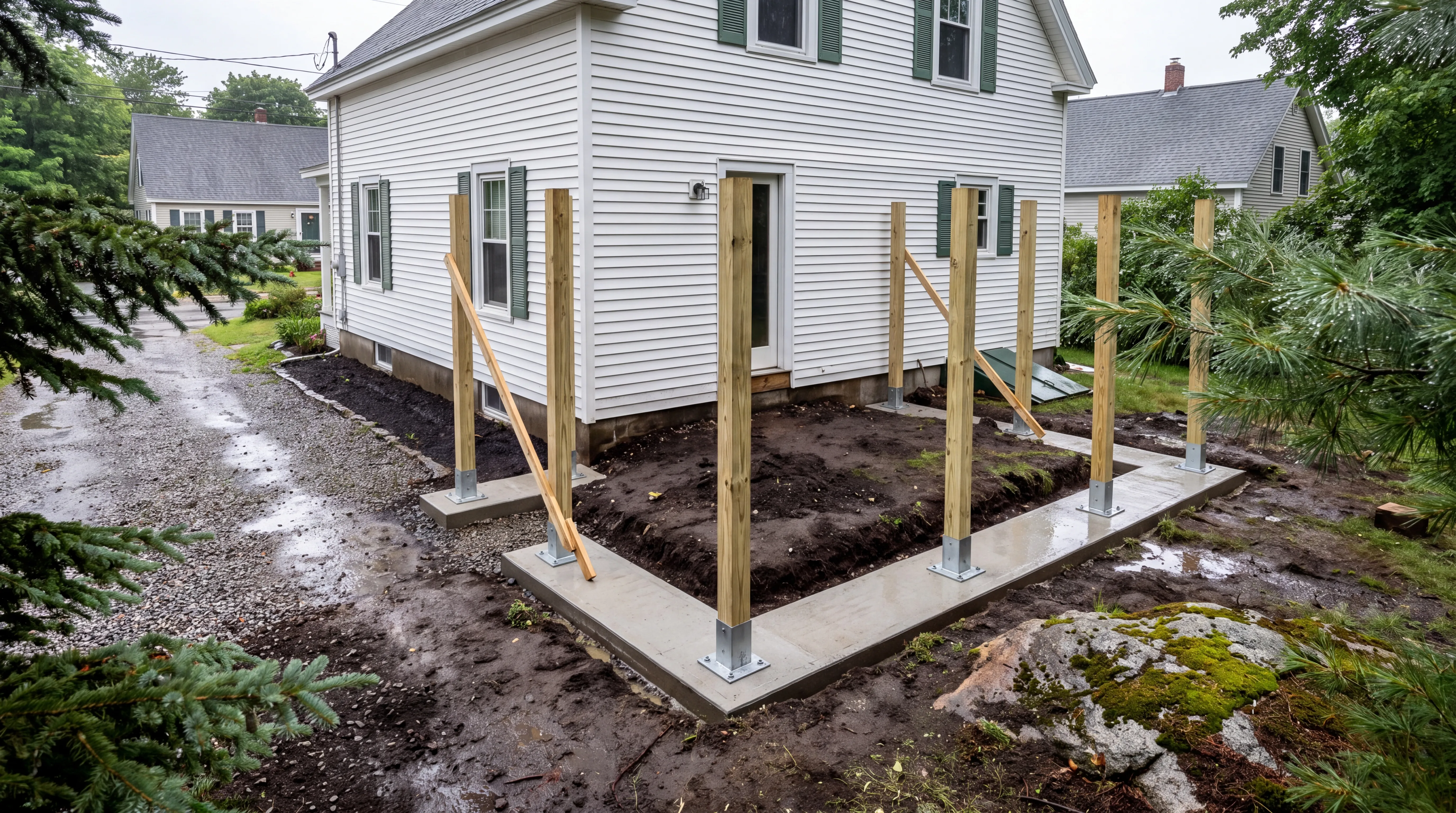 Braced deck posts in metal bases on a new concrete footing by a house in Gardiner, Maine