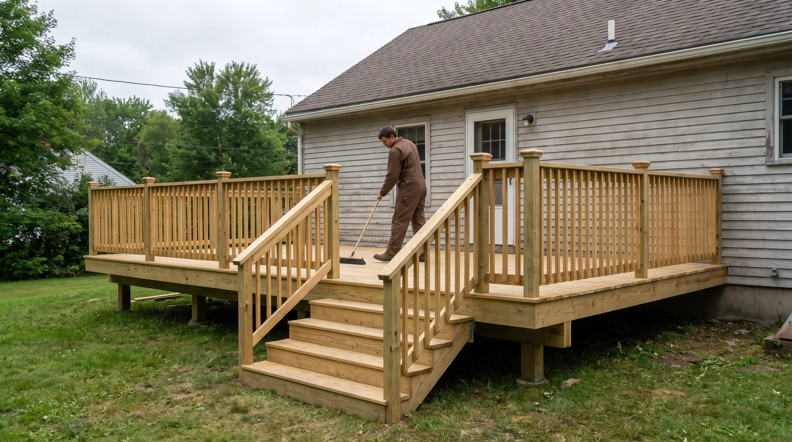 Deck contractor in Gardiner, ME: new pressure-treated deck with wood railings and a railed stair, a worker sweeping the boards