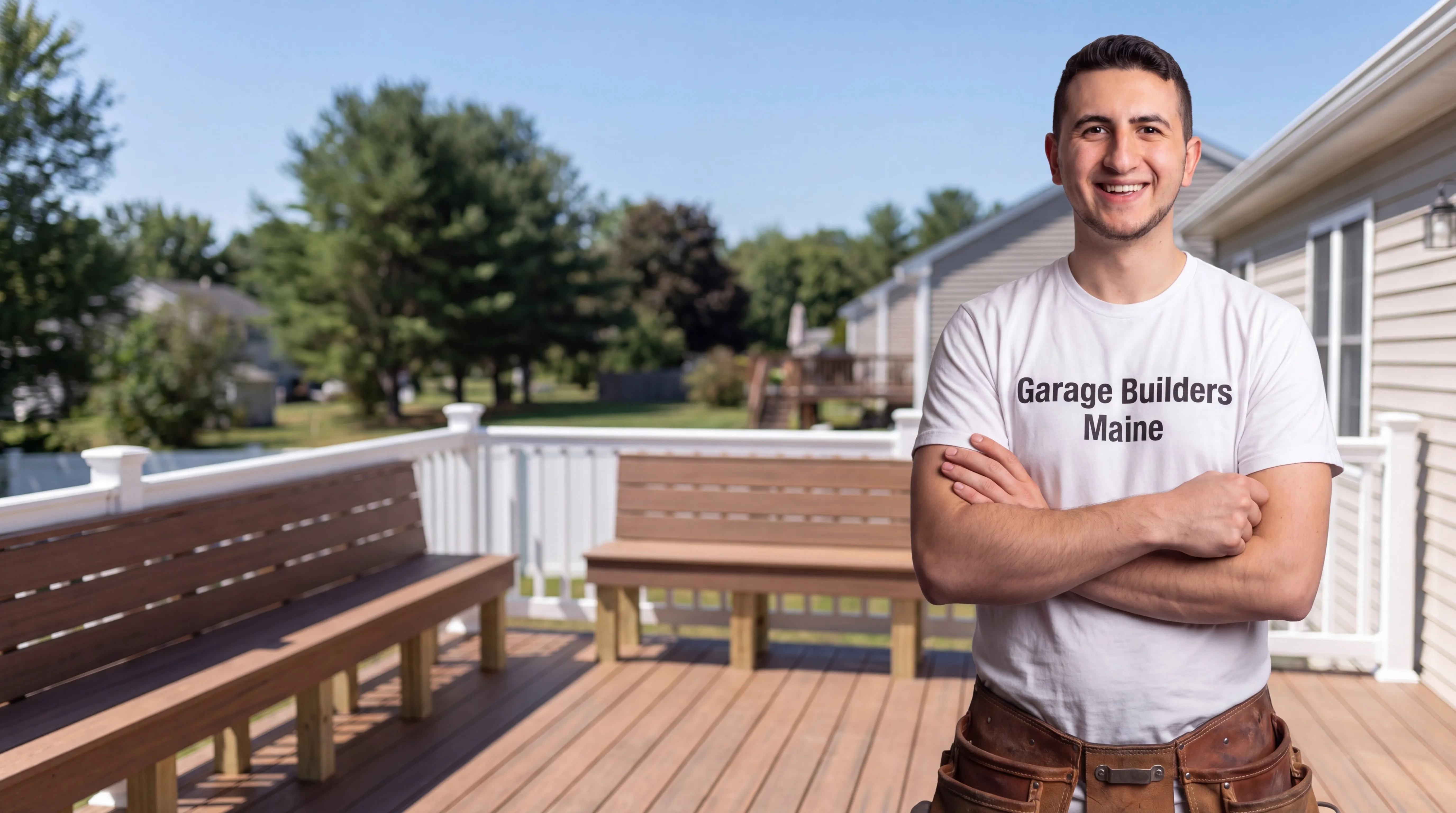 Deck contractor Gardiner Maine: owner with arms crossed on a composite deck with built-in benches and white rail