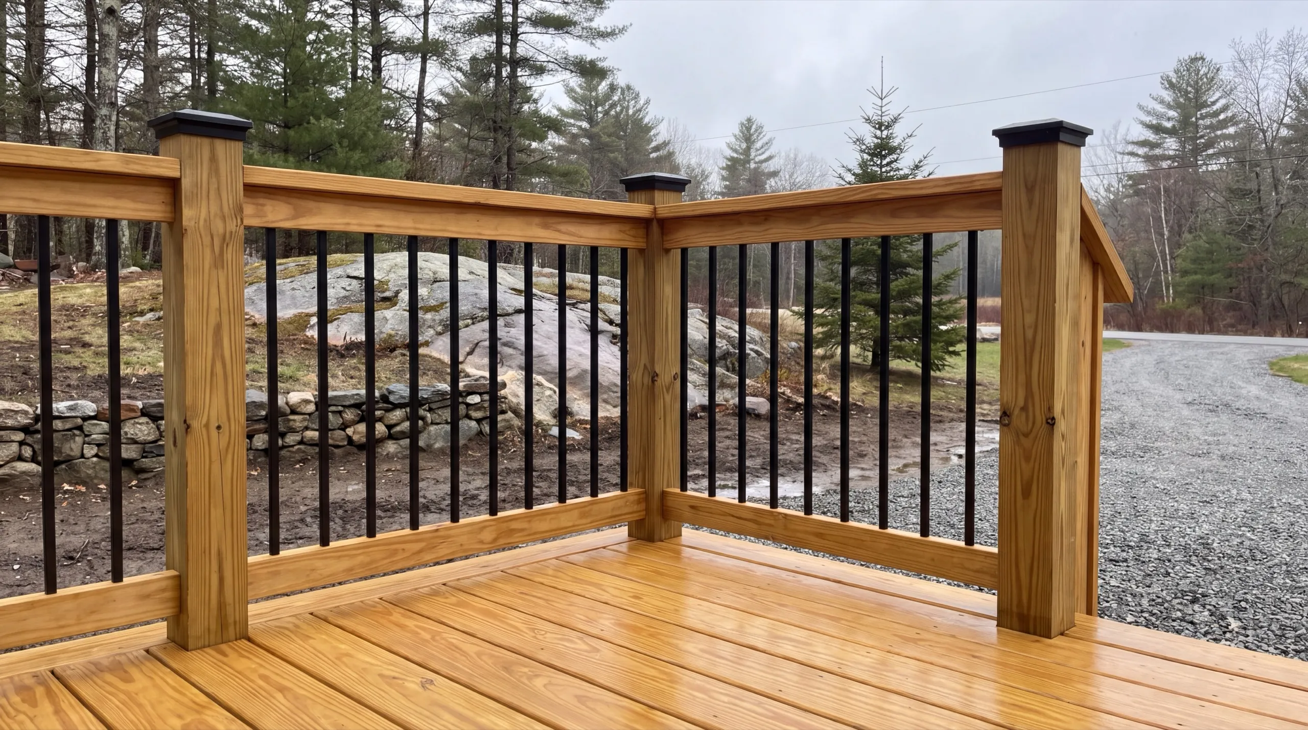 Deck builder Gardiner Maine: pressure-treated deck railing corner with black metal balusters and post caps
