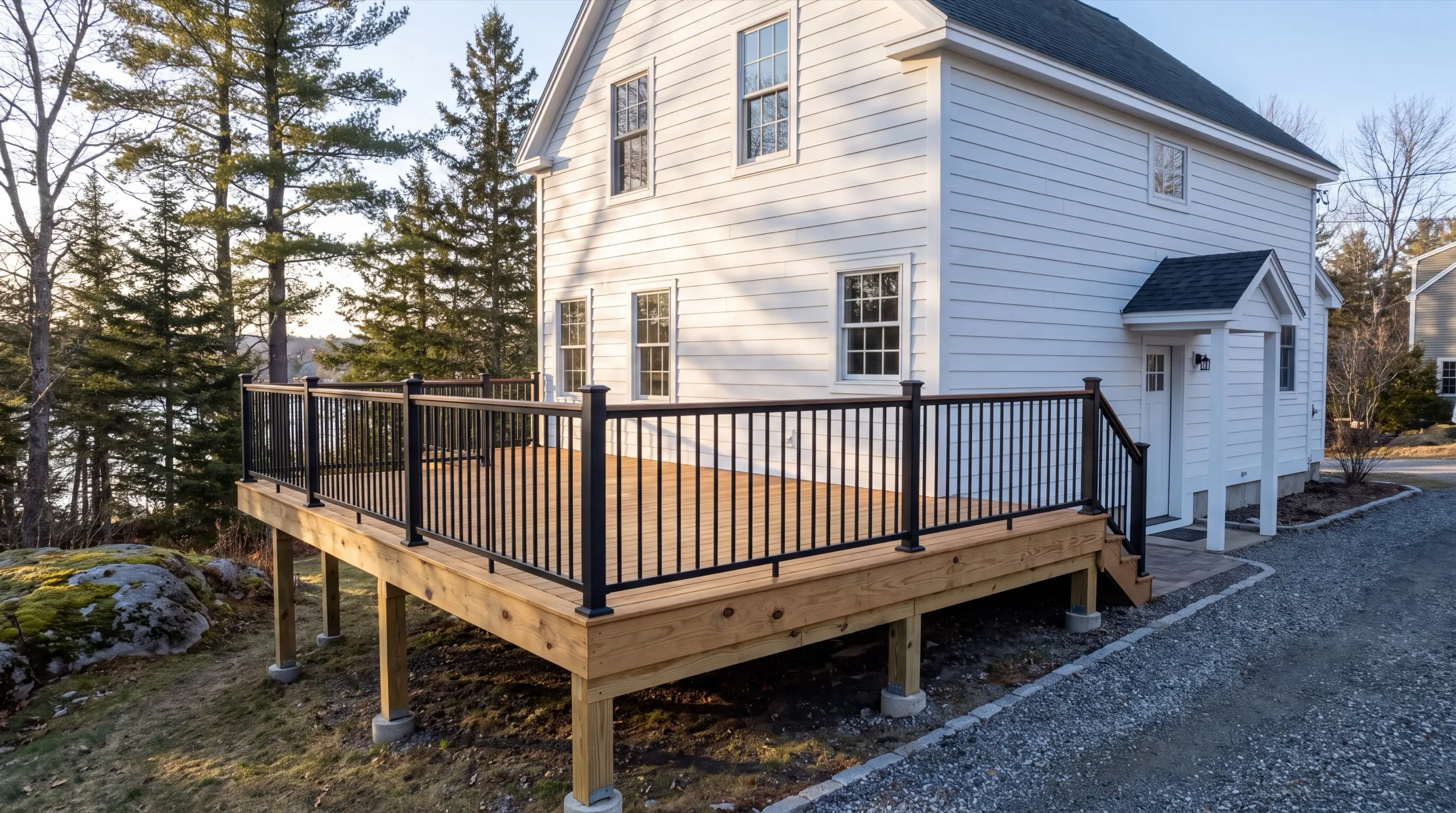 Deck contractor in Hallowell, ME: new pressure-treated deck with black metal railing on posts by a white house