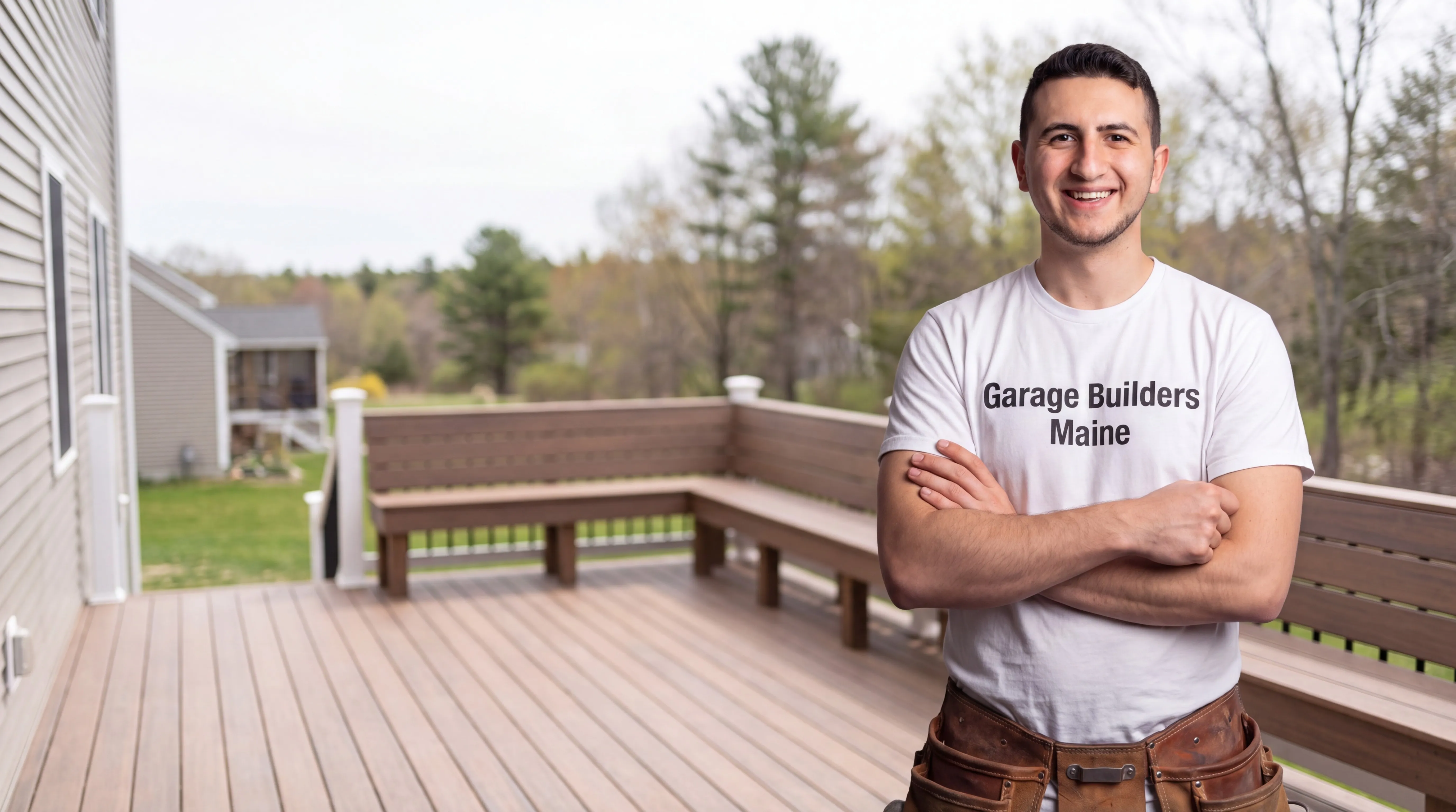 Owner of Garage Builders Maine standing with his arms crossed and smiling at a Maine job site