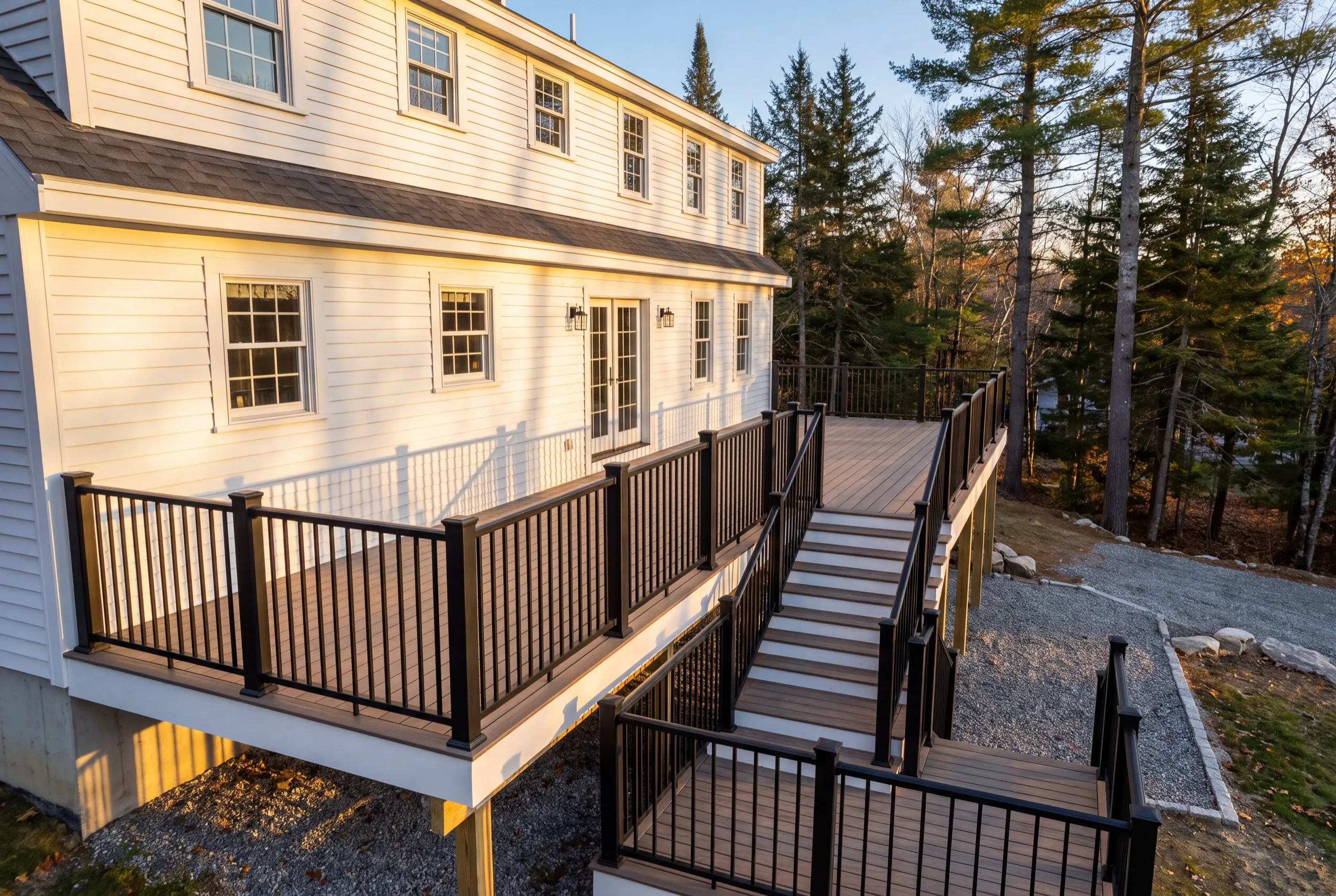 Deck contractor Hallowell Maine: two-level brown composite deck joined by long stairs off a white colonial