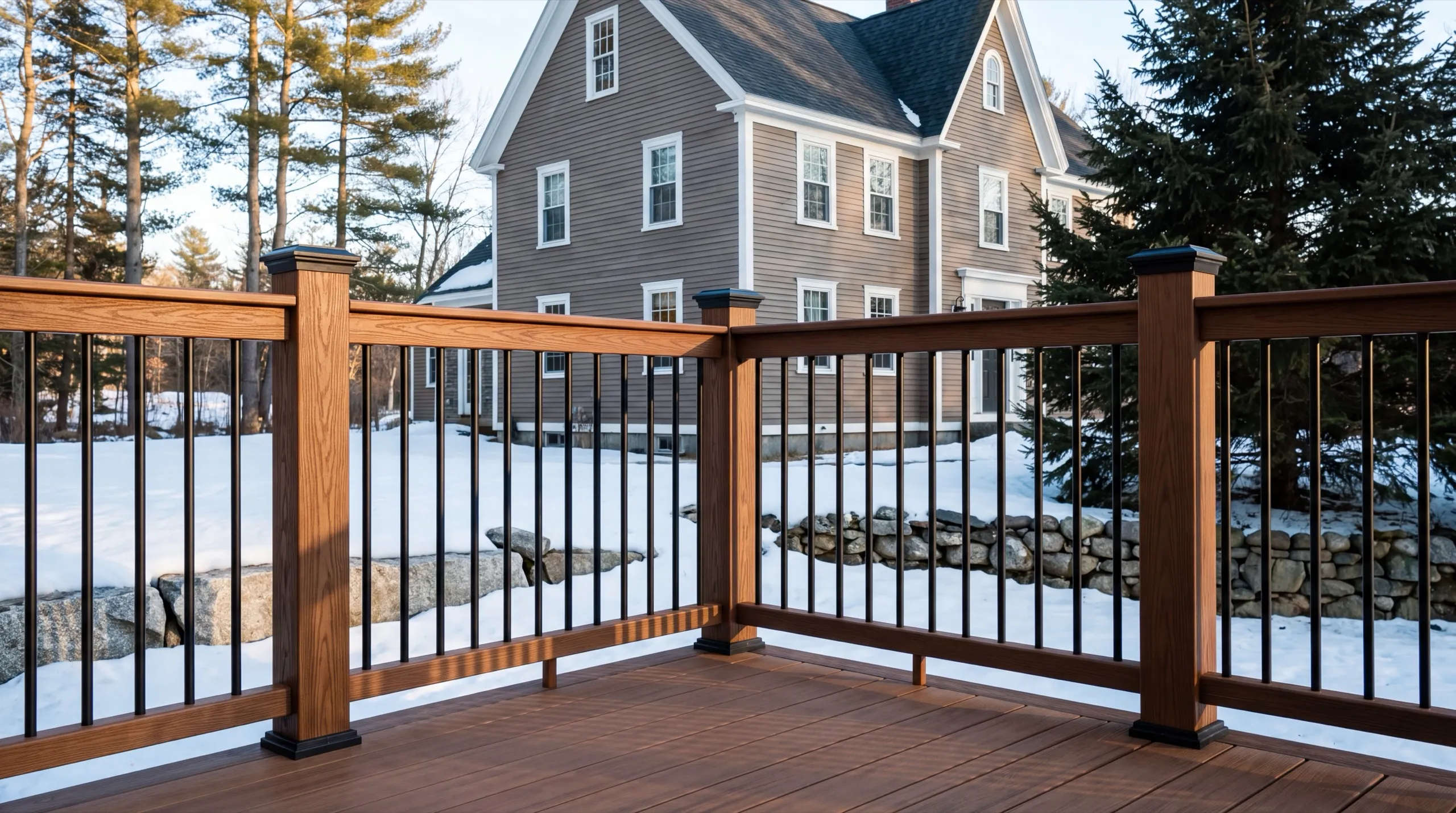 Deck builder Hallowell Maine: brown composite deck railing with black balusters over a snowy yard